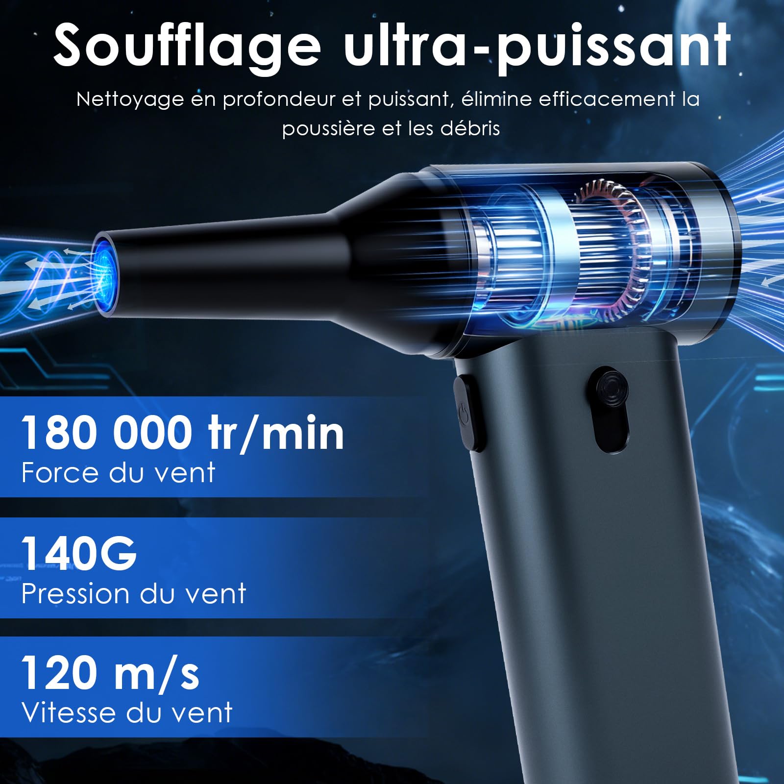 Souffleur Air Comprimé, Alliage d'aluminium 180000 TR/Min Souffleur PC Batterie 7800mAh, Ajustez à volonté Soufflette Air Comprimé, avec Kit de Brosses de Nettoyage, pour PC, claviers, voitures