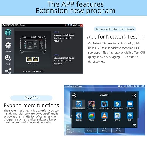 Vista 3 de Koolertron Probador de cámara IP de pantalla táctil IPS 4K H.265 de 7 pulgadas, POE/WiFi, comprobador analógico CVBS, salida HDMI, RJ45 TDR, tarjeta