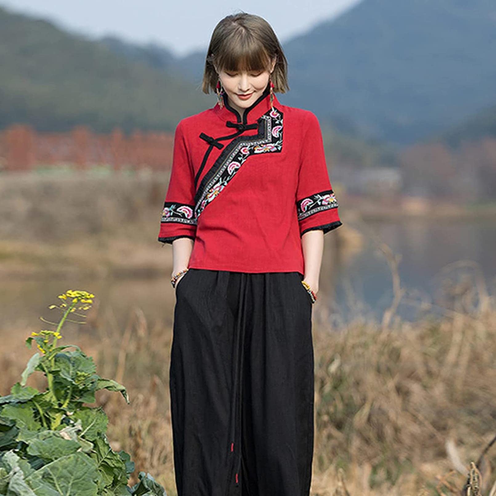 Abbigliamento in Stile Cinese Donna Etnico Cotone Lino Top Estate Manica Corta Camicetta Donna Hanfu (XL, Rosso) (Rosso L)