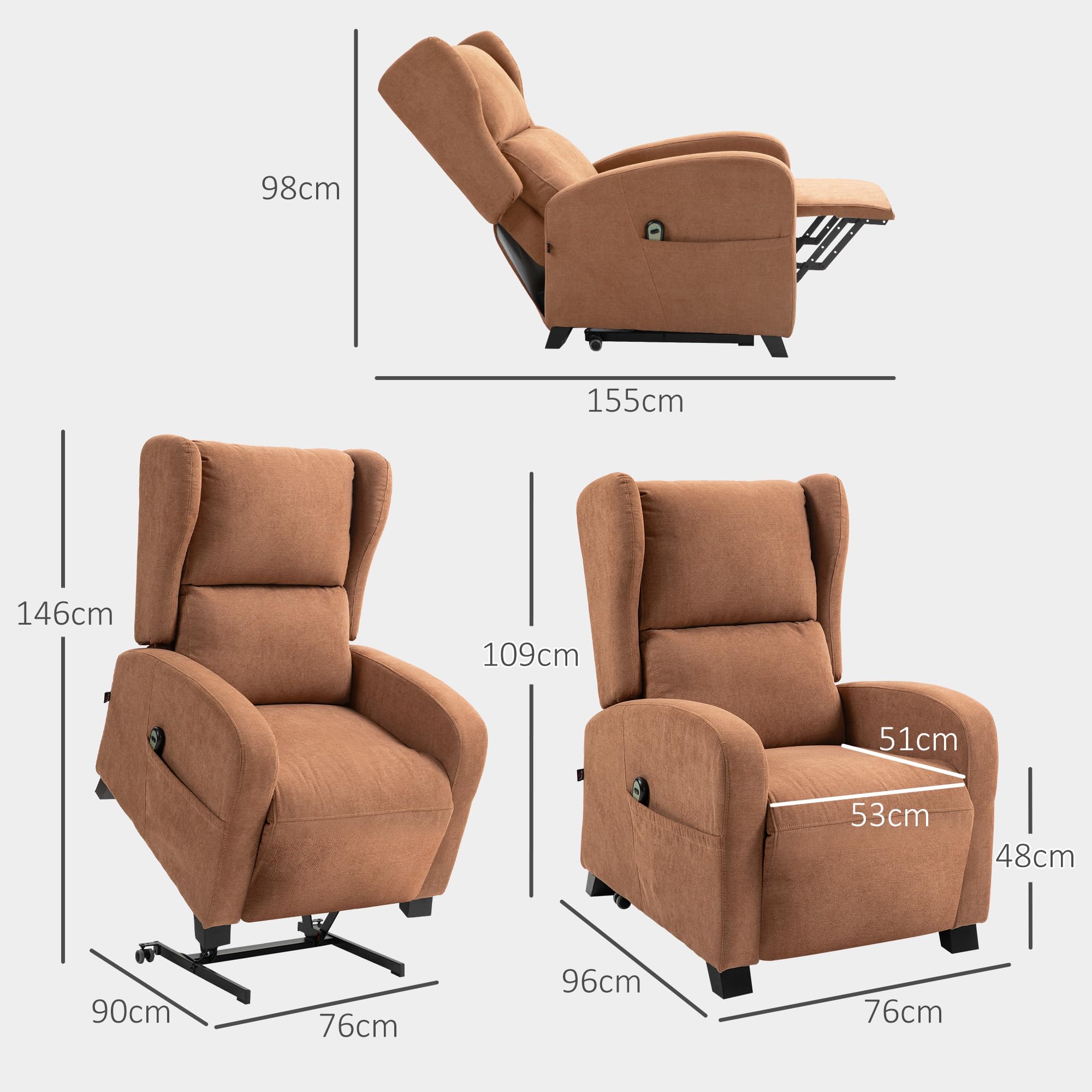 HOMCOM Poltrona Elettrica Alzapersona Reclinabile 160° con 2 Ruote Universali, Poltrona Relax Elettrica in Tessuto con Telecomando, Poggiapiedi e Tasche Laterali, Marrone Scuro