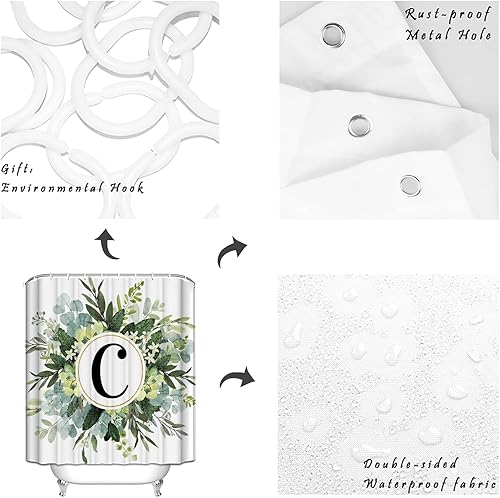 Miniatura 6 de Cortina de ducha, diseño de letras C de granja con corona de eucalipto en acuarela, juego de cortina de ducha de tela impermeable con 12 ganchos,