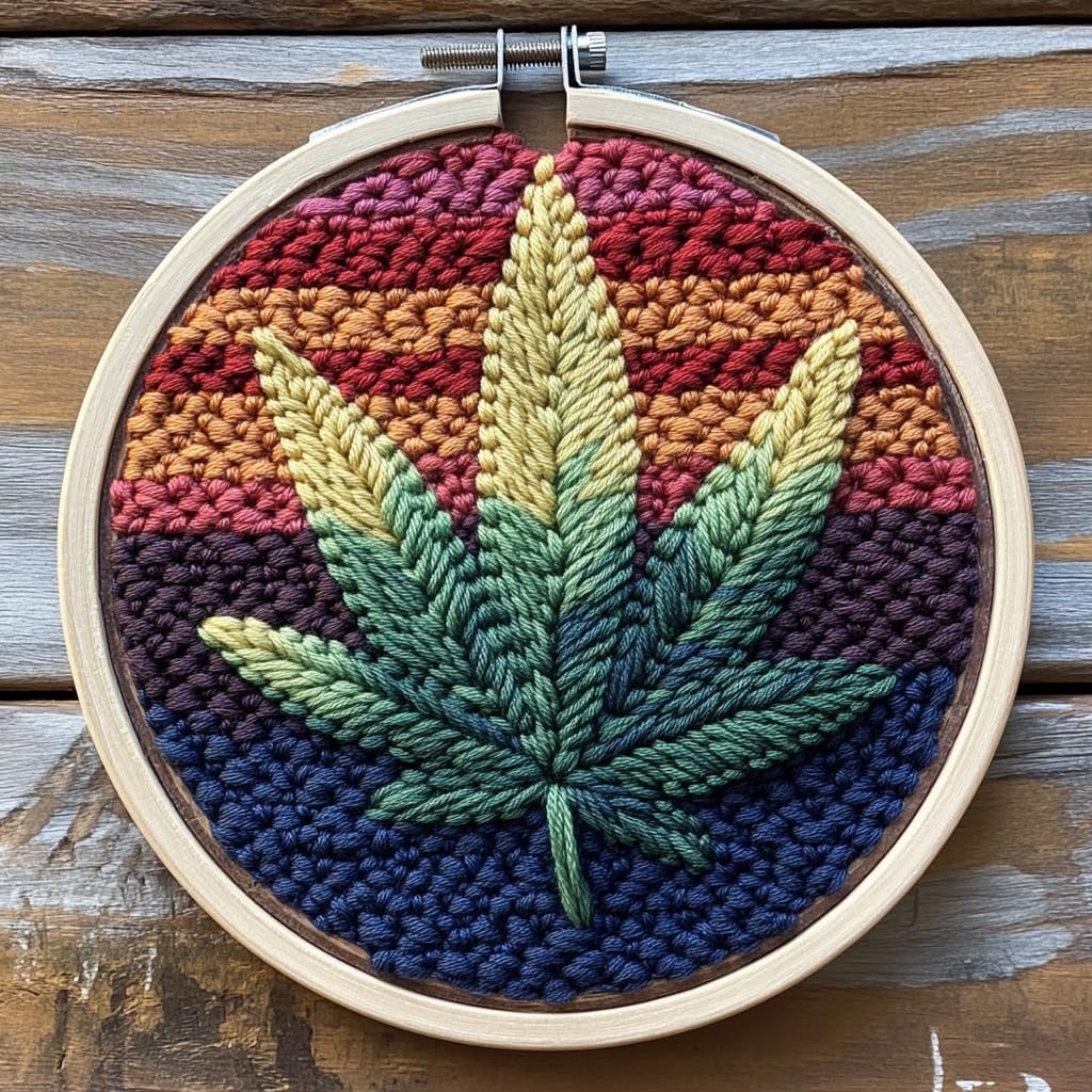 Punch Needle Kits Abstract Marijuana Leaf Easy for Beginners DIY Punch Needle Yarn Starter Embroidery Set for Craft Lovers with Printed Pattern and Hoop for Home Decor 20x20cm(1)