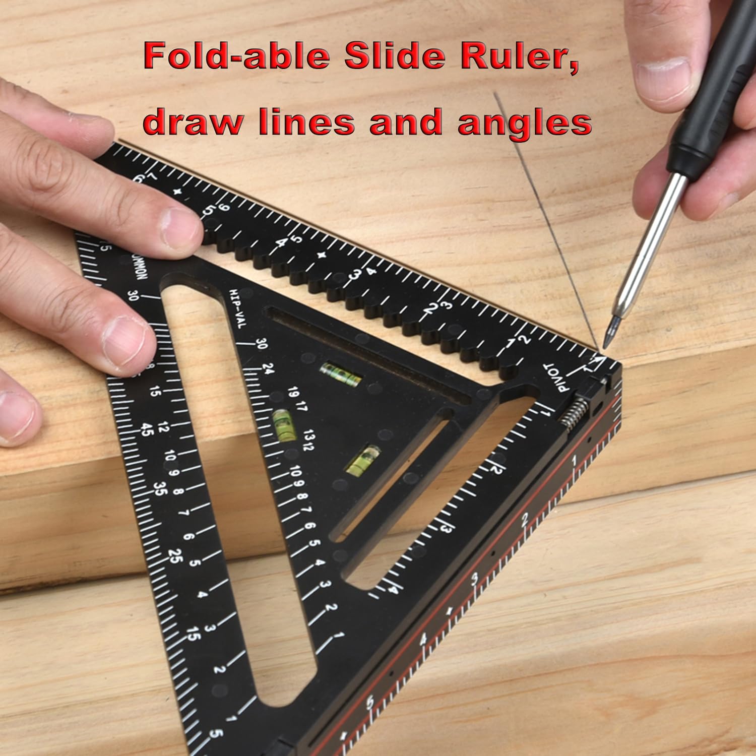 Foldable Carpenter Square 7 inch Angle T-Ruler Multi-Purpose Carpenter Tools, Rafter Square, Protractor, Ruler, Marking Gauge, Drill Gauge, Include Woodworking Pencil (Black-no jig)
