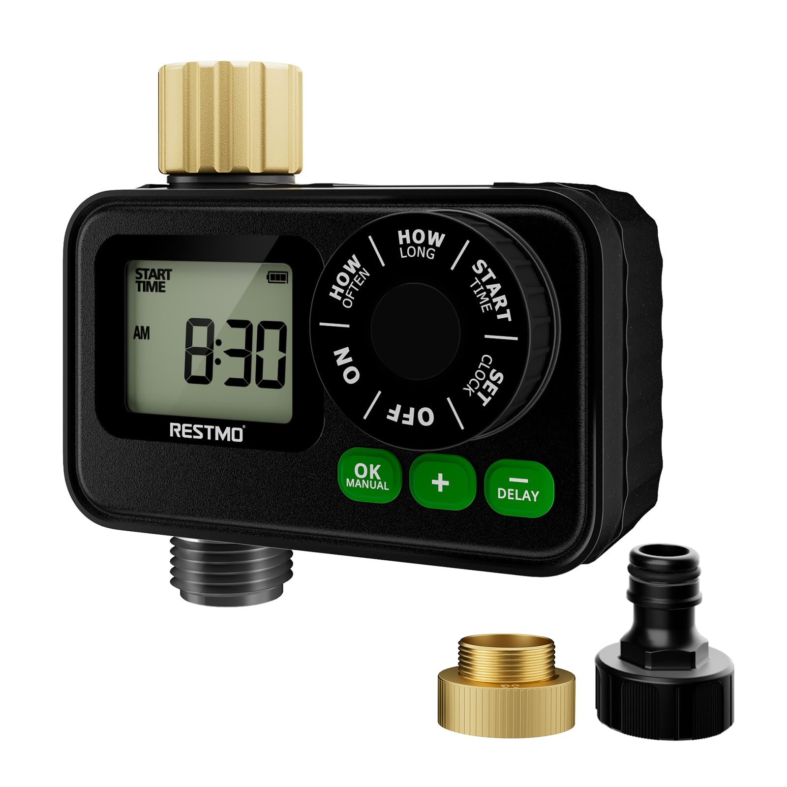 RESTMO Sprinkler Timer for Outdoor Hose Faucet, Up to 11h59m Programmable Watering Timer for Soaker Hose, Filling, Misting with Brass Inlet & Large Dial, Rain Delay/Manual/Automatic Irrigation System