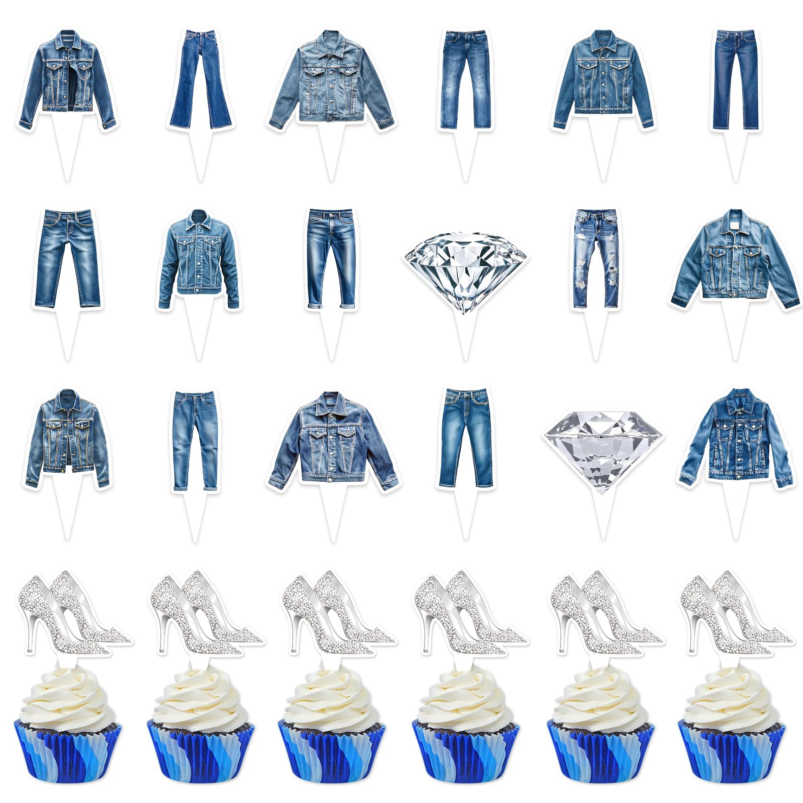 Denim & Diamanten Cupcake-Topper, 24 Stück | Party-Dekoration Für Geburtstag, Babyparty