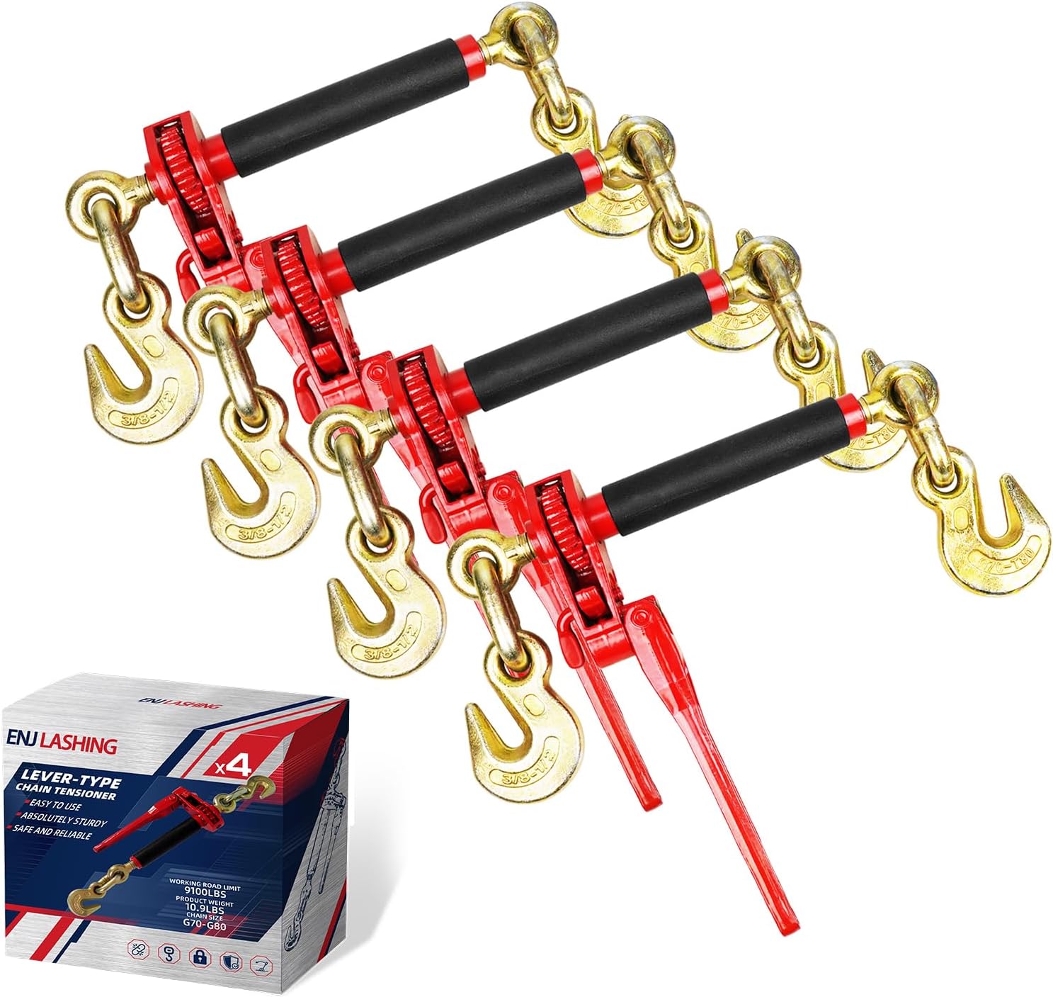 ENJ 4 Pack Folding Handle Load Binder with 2 Grab Hooks, for 3/8-1/2 Grade 70 Transport Chain, Load Binder with 9,100 Pound Working Load Limit