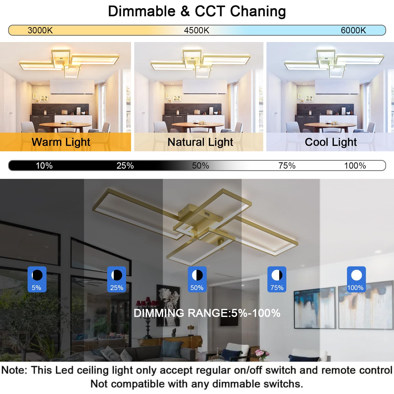 Lámpara de Techo Led Regulable, Lampara Techo Dormitorio Moderna Gold Plafón LED Techo de Acrílico para Sala de Estar Dormitorio Cocina, Diámetro 3000-6500K