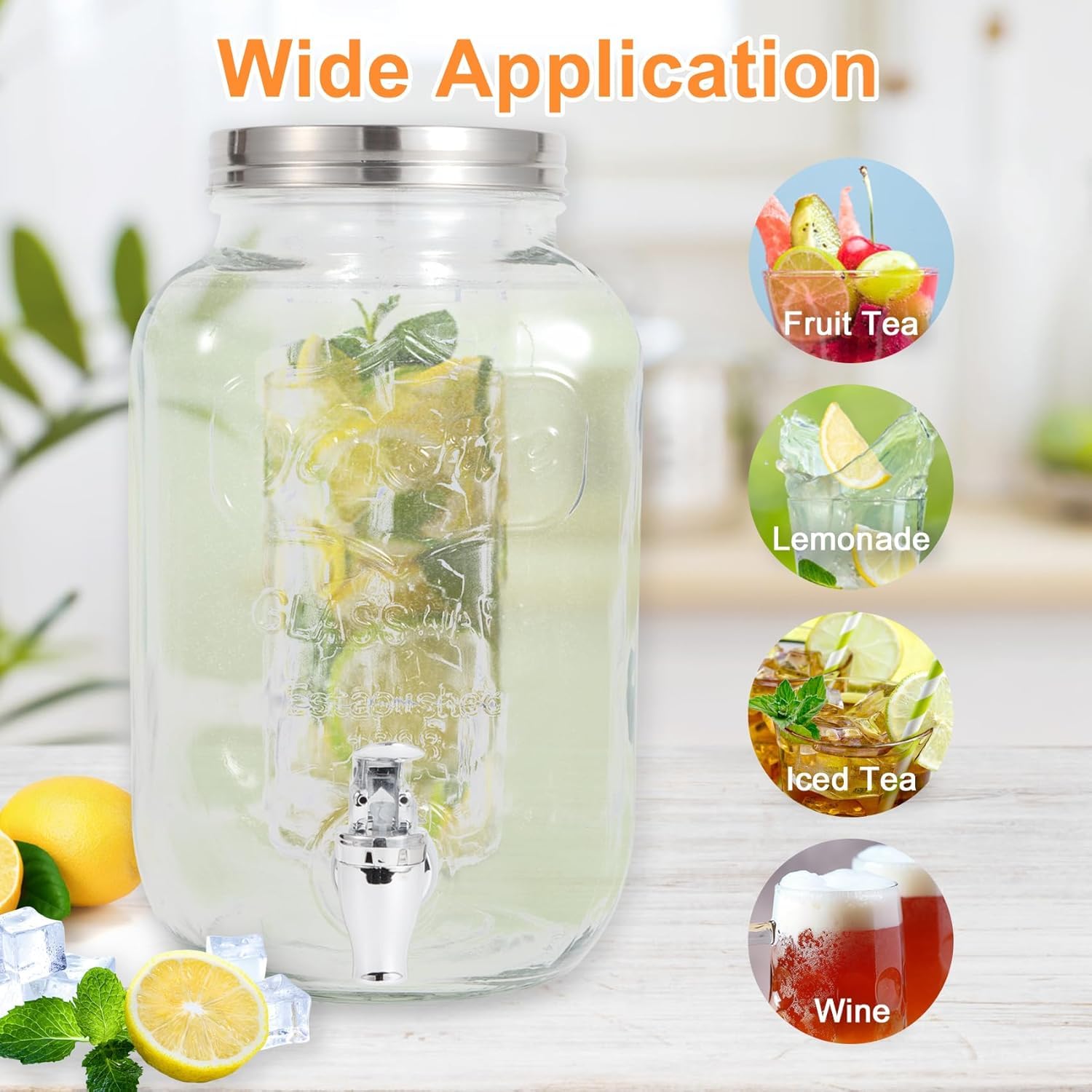 Dispensadores de bebidas de vidrio de 1 galón para fiestas, juego de 2,4 L, dispensador de bebidas con infusor de frutas, soporte y filtro, dispensador de jugo o bebidas para barbacoa, picnic, fiesta