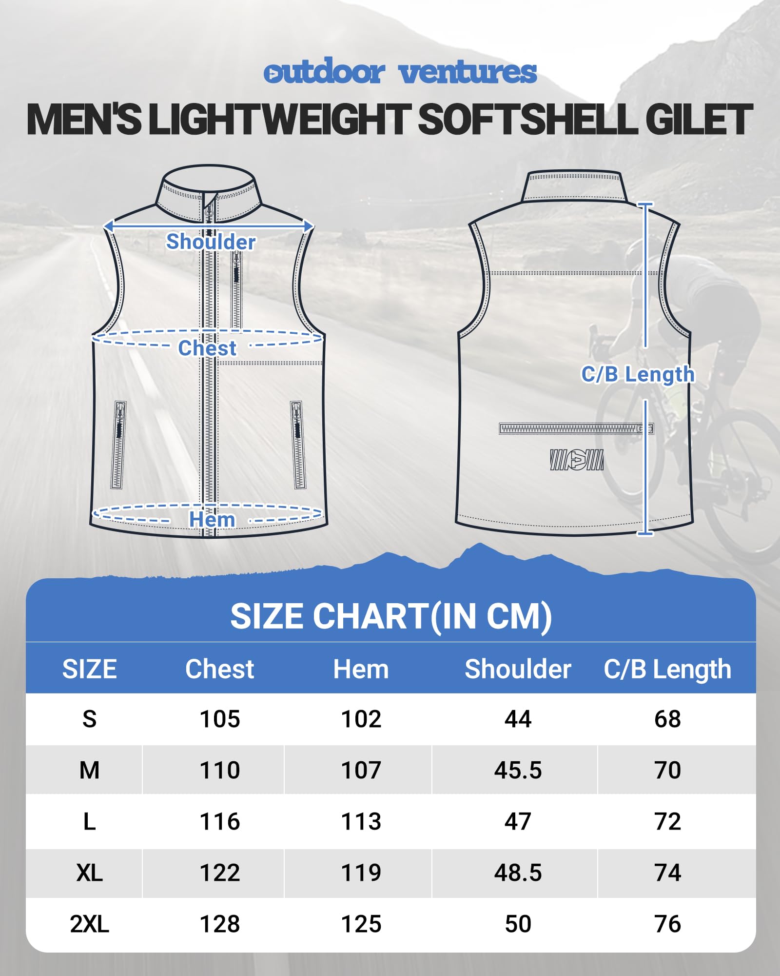 Outdoor Ventures Gilet softshell da ciclismo da uomo, impermeabile, antivento, senza maniche, con cerniera, traspirante,