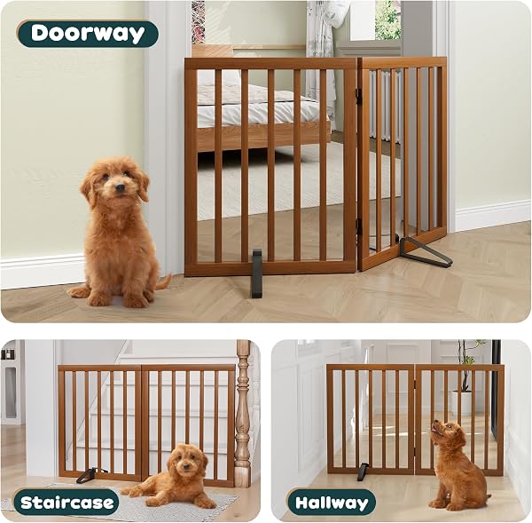 Freestanding Pet Gate with 2 Stands, Bamboo Dog Gates for Doorways, Dog Gates for The House, Puppy Gate for Stairs, Foldable Indoor Gate Safety Fence, 60cm Height-2 Panels Fully Assembled-Walnut - 5