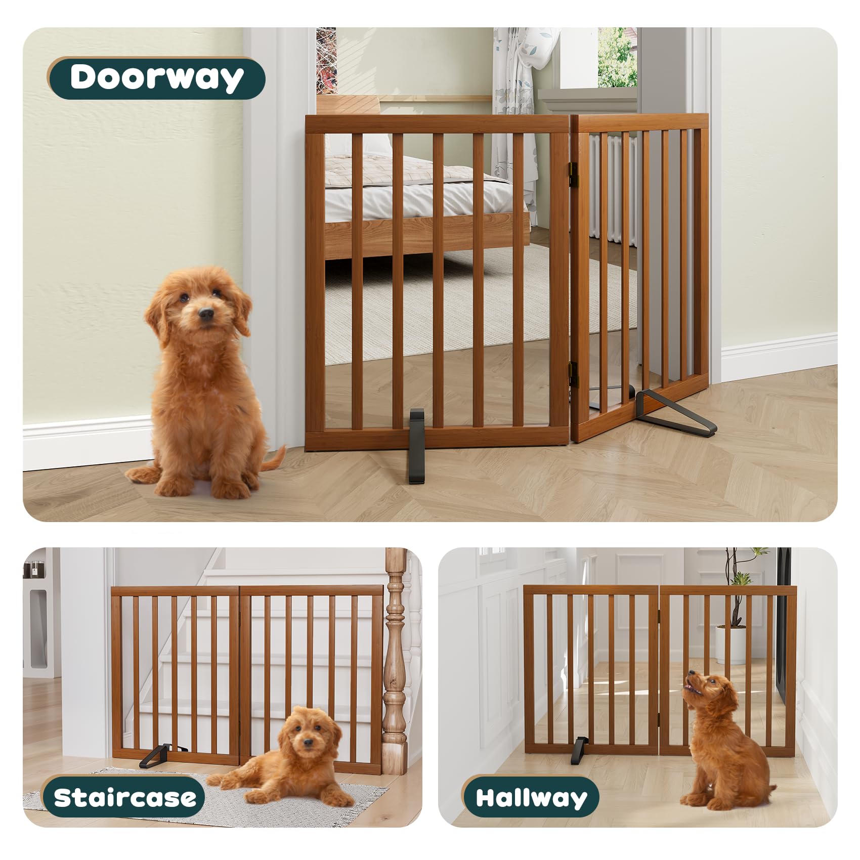 Semiocthome Puerta para perros de interior de 2 paneles independientes para cachorros para la casa con 2 soportes de metal, puerta plegable de madera para mascotas de 24 pulgadas de alto, puerta de