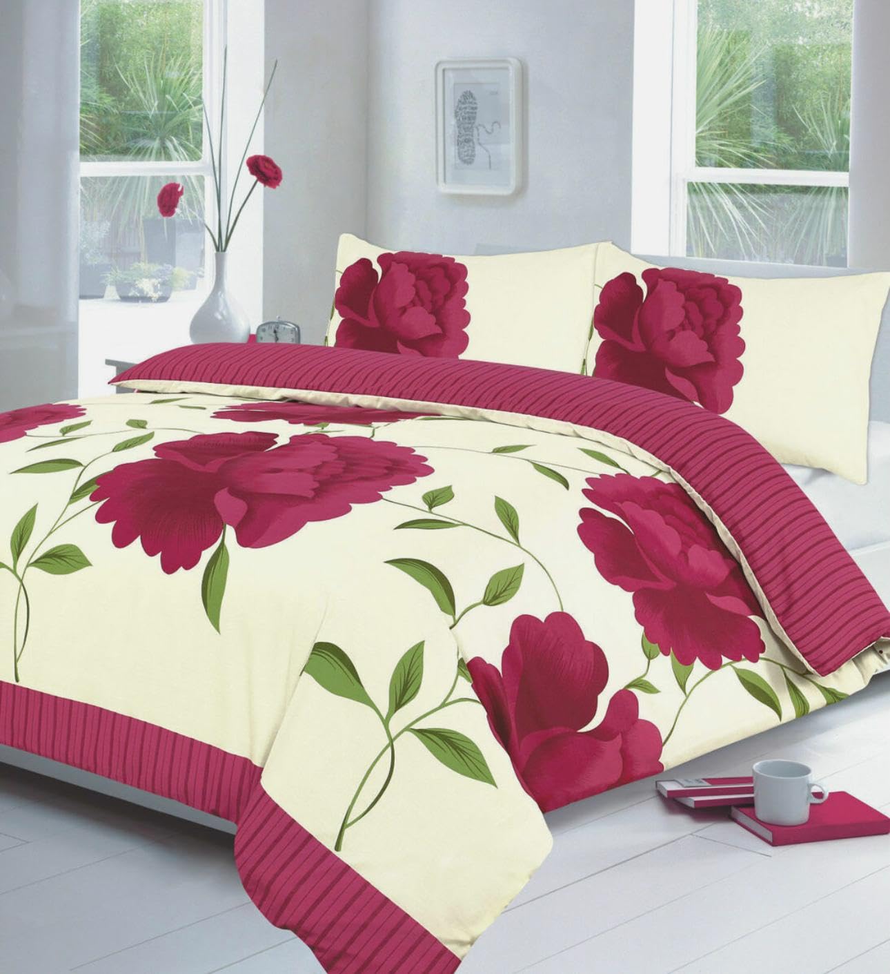 Bluemoon Bedding Rosaleen Duvet Cover Set Floral Reversible Bedding Set With Pillowcase (Fuchsia, King)