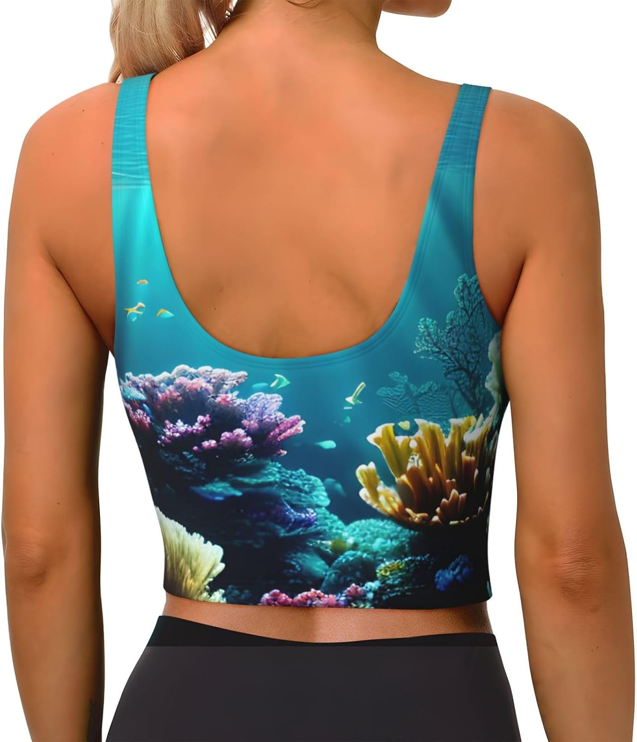 Underwater Scenery Print Women's Sports Bra Tank Tops,Longline Sports Bras for Yoga,Workout and Running