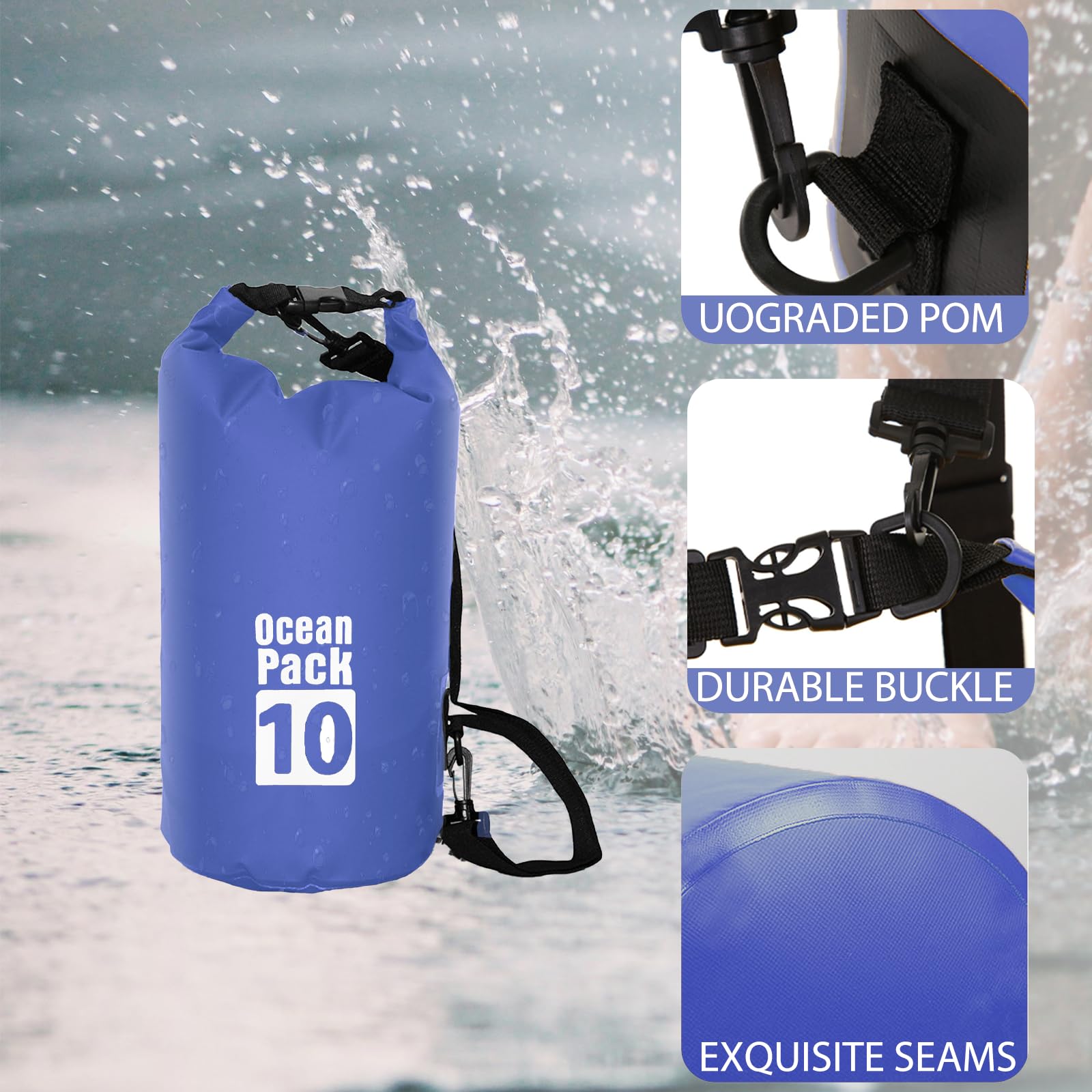 POPOYU 10L Borsa Impermeabile,Blu Waterproof Zaino Impermeabile Sacco Impermeabile con Tracolla Regolabile,2L/5L/10L/15L/20L/30L Dry Bag per Outdoor Sport Acquatici,Barca, Pesca, Rafting, Nuoto
