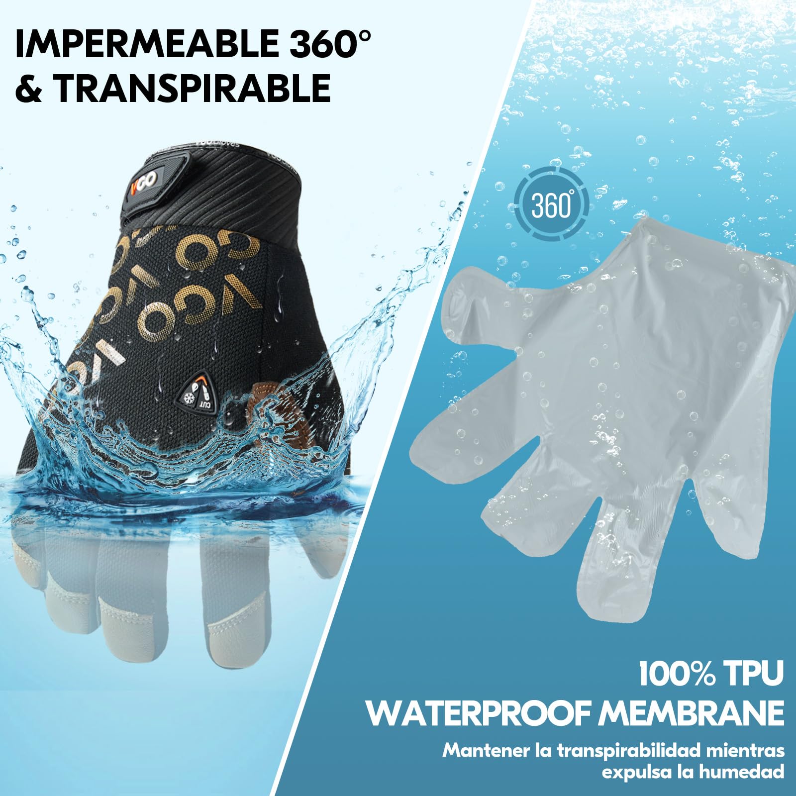 Vgo... Guantes de Trabajo Invierno Impermeables Hombre de Jardinería, Guantes Termicos Frio para Congelador Almacén, 1 par