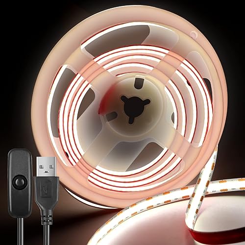 USB COB Led Strip 2M Warm White 6000K 640led with Switch 5V Led Strip Light Self Adhesive Led Backlight for Cabinet,Bedroom,Wardrobe DIY Lighting (White)