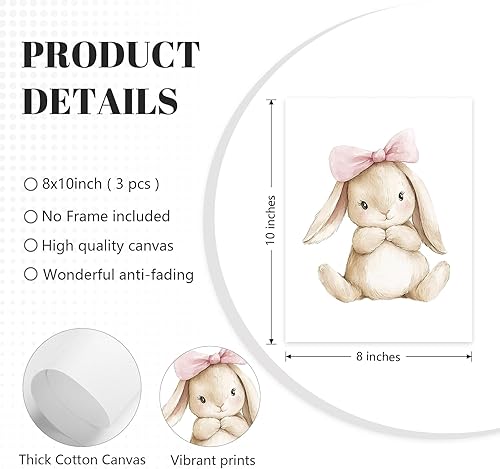 Miniatura 2 de Lhoiplme Decoración de pared de conejito para cuarto de bebé, impresiones de lienzo de conejo, decoración de pared rosa para bebé, guardería,