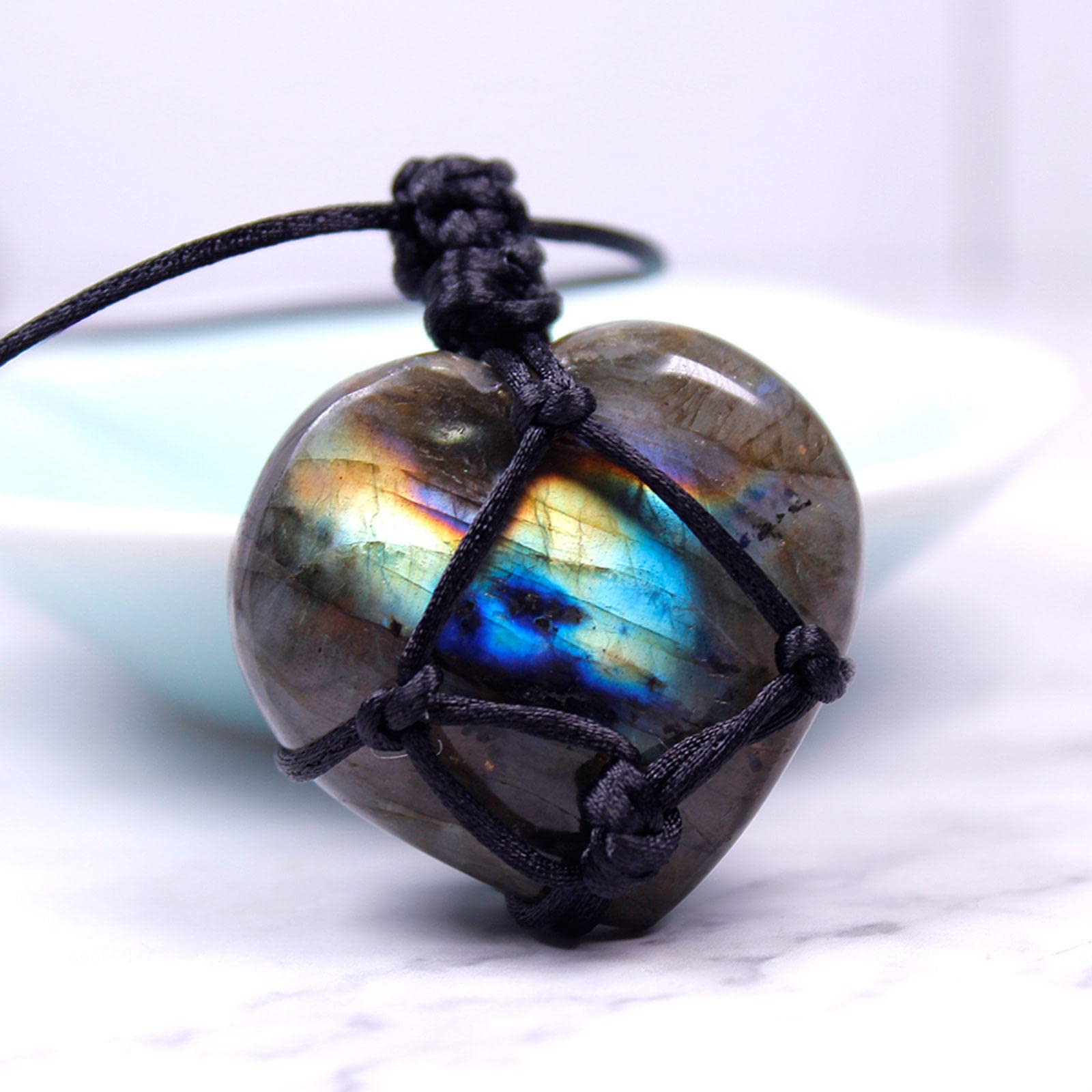 Collar de Cristal de corazón de labradorita Natural Colgante de Chakra curativo con Cuerda Tejida a Mano Colgante de Piedra curativa de Piedra Lunar de Piedra de Palma de labradorita