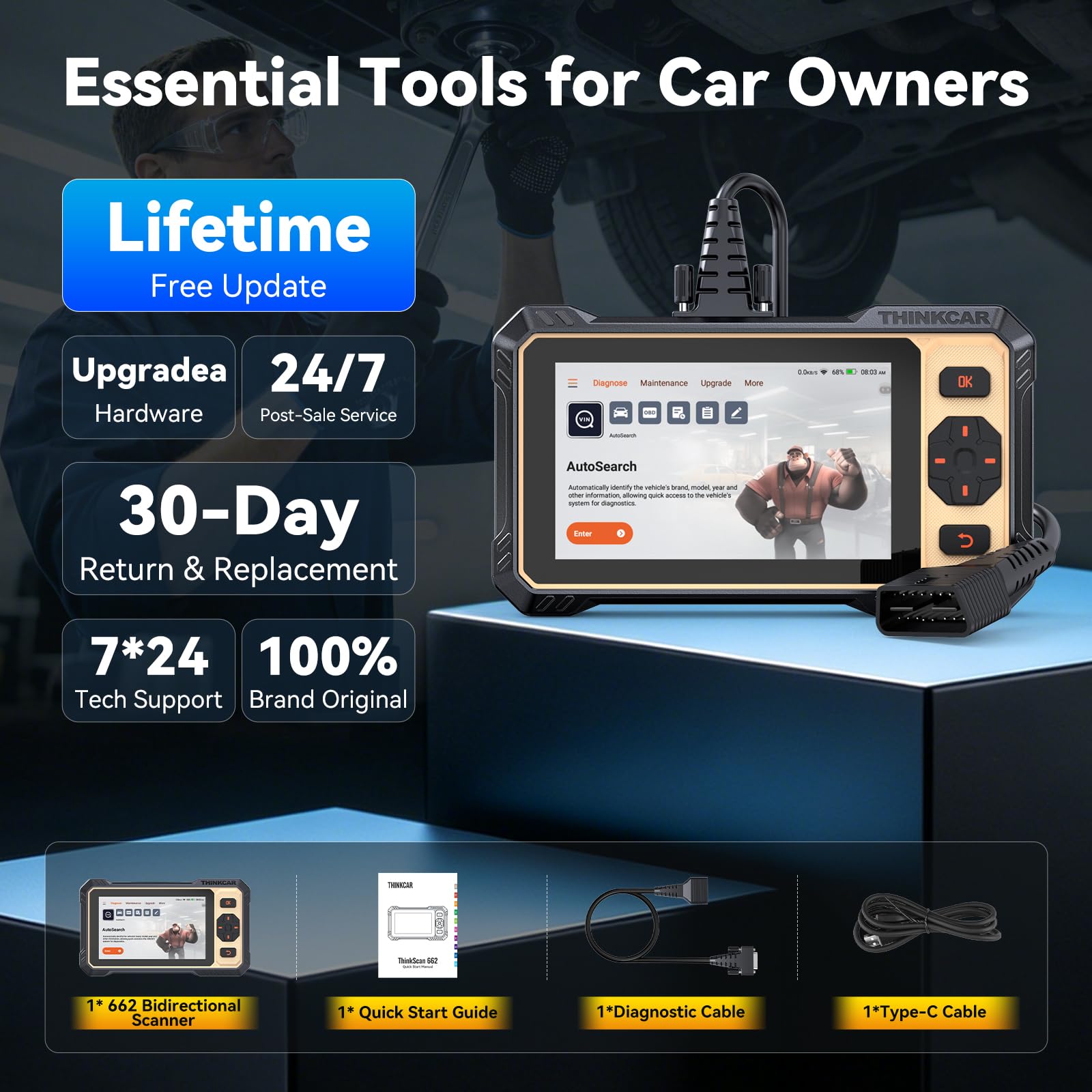 THINKCAR Scanner THINKSCAN 662 OBD2 - Herramienta de diagnóstico de escáner, Motor/ABS/SRS/transmisión, Herramienta de escaneo bidireccional, escáner para Coche con Prueba Activa, más de 12 reinicios