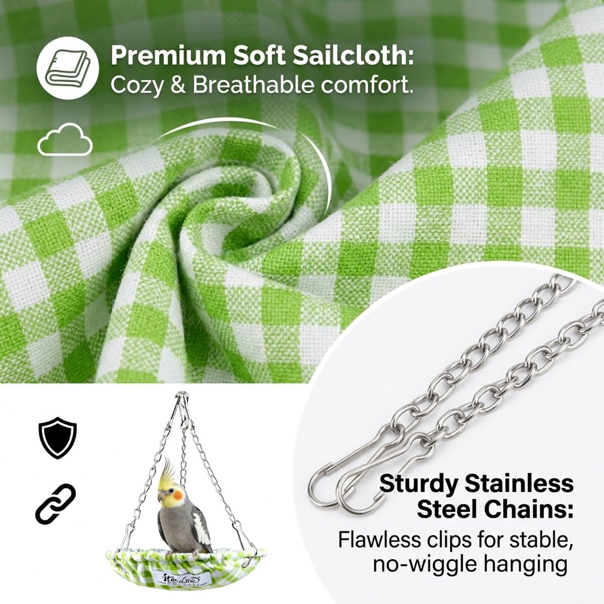 Nid d'oiseau pour perruche - Imperméable - Niche de couchage pour perruche - Accessoire de cage - Nid lavable pour perruches - Inséparable - Stable avec chaîne - Vert - Diamètre : 15 cm