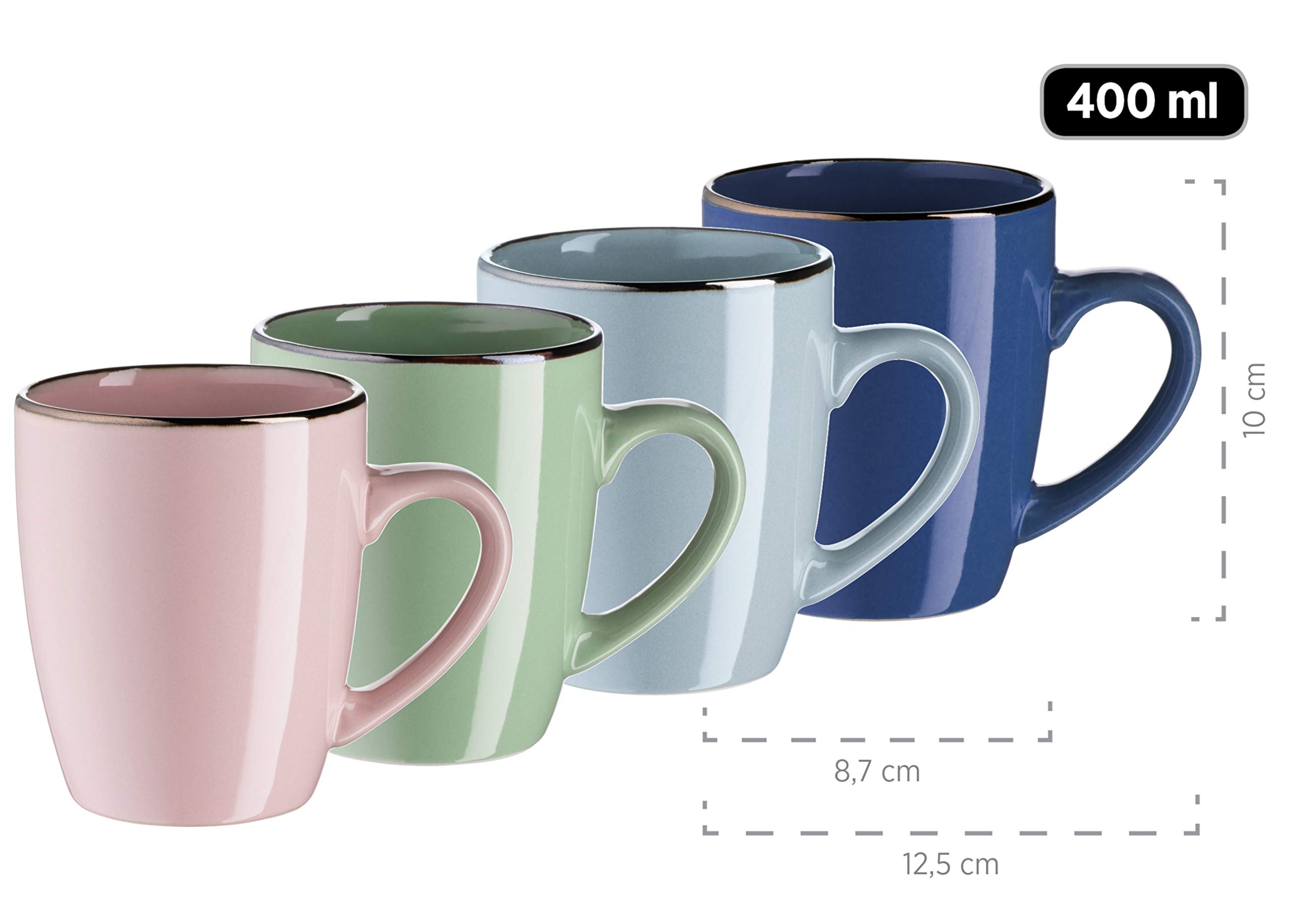 MÄSER 931870 Metallic Rim, Modernes Geschirr Set für 4 Personen mit messingfarbenem Rand, 16-teiliges Kombiservice mit randlosen Coupe-Formen, bunt, Steinzeug, pastell'n'blue