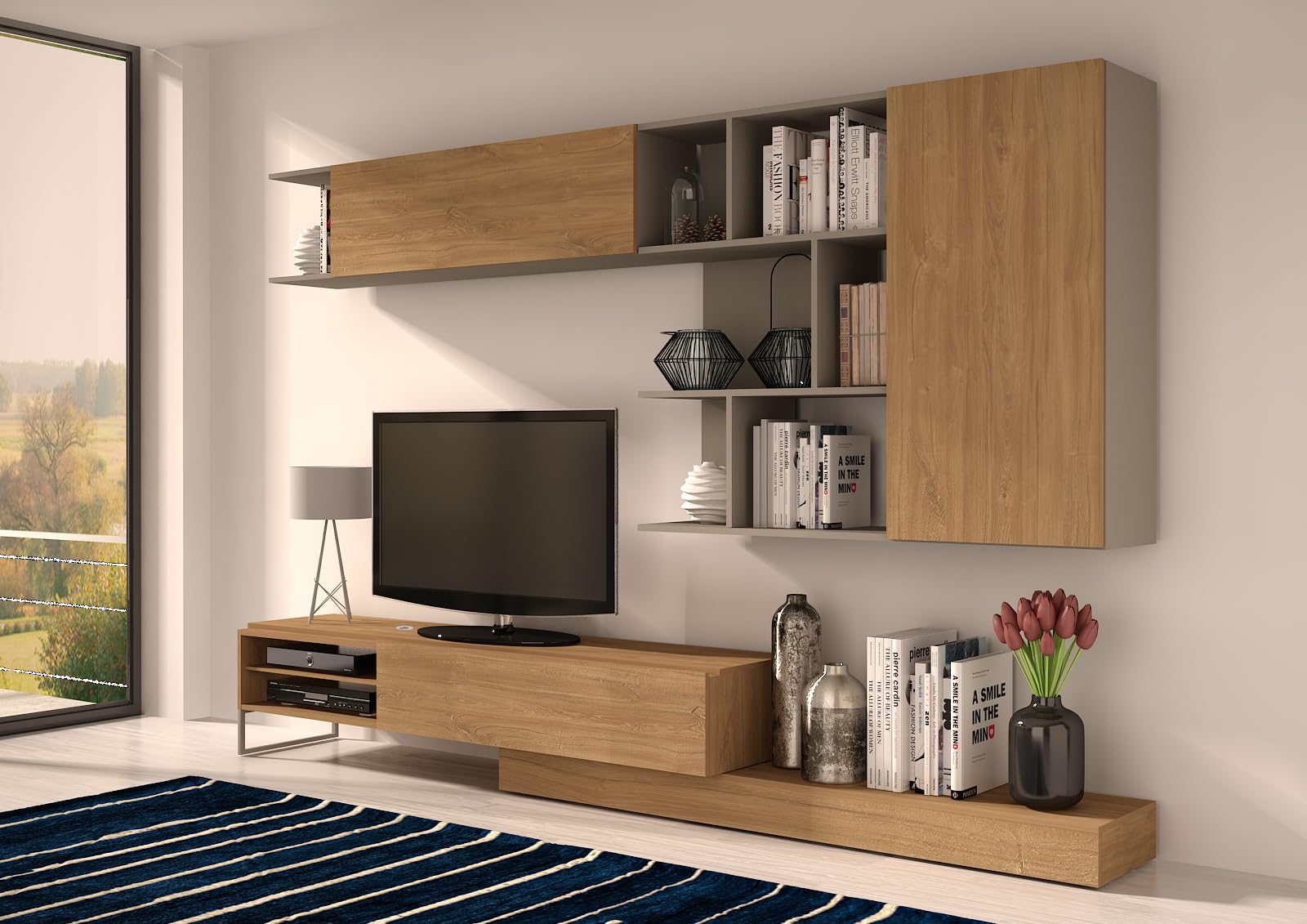 Mobelcenter, Mueble de Salón Enio Reversible, Módulo TV y Módulo Superior, Acabado en Color Roble Kansas y Gris, Medidas: Ancho: 272-309 cm x Fondo: 44 cm x Alto: 102 cm (1648)