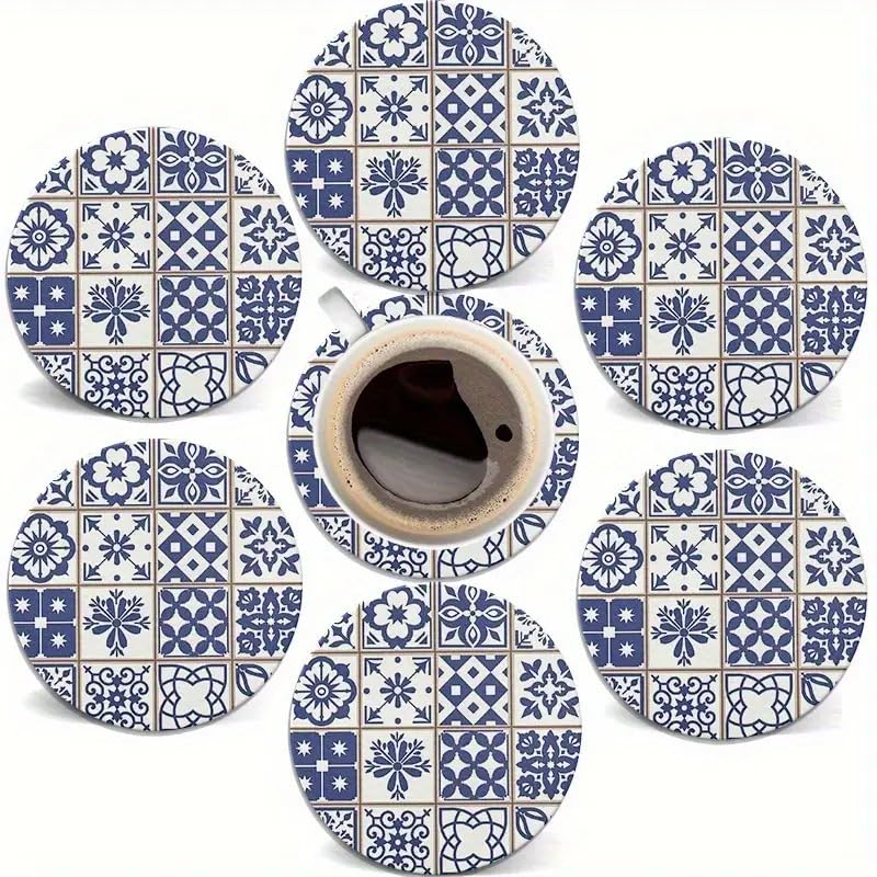 Image of 6 Round Wooden Coasters- Blue Portuguese Tile Style Design Suitable Various Cups Protect Tabletop Anti-Scald Anti-Slip Coffee Table Decoration Home Warm House,