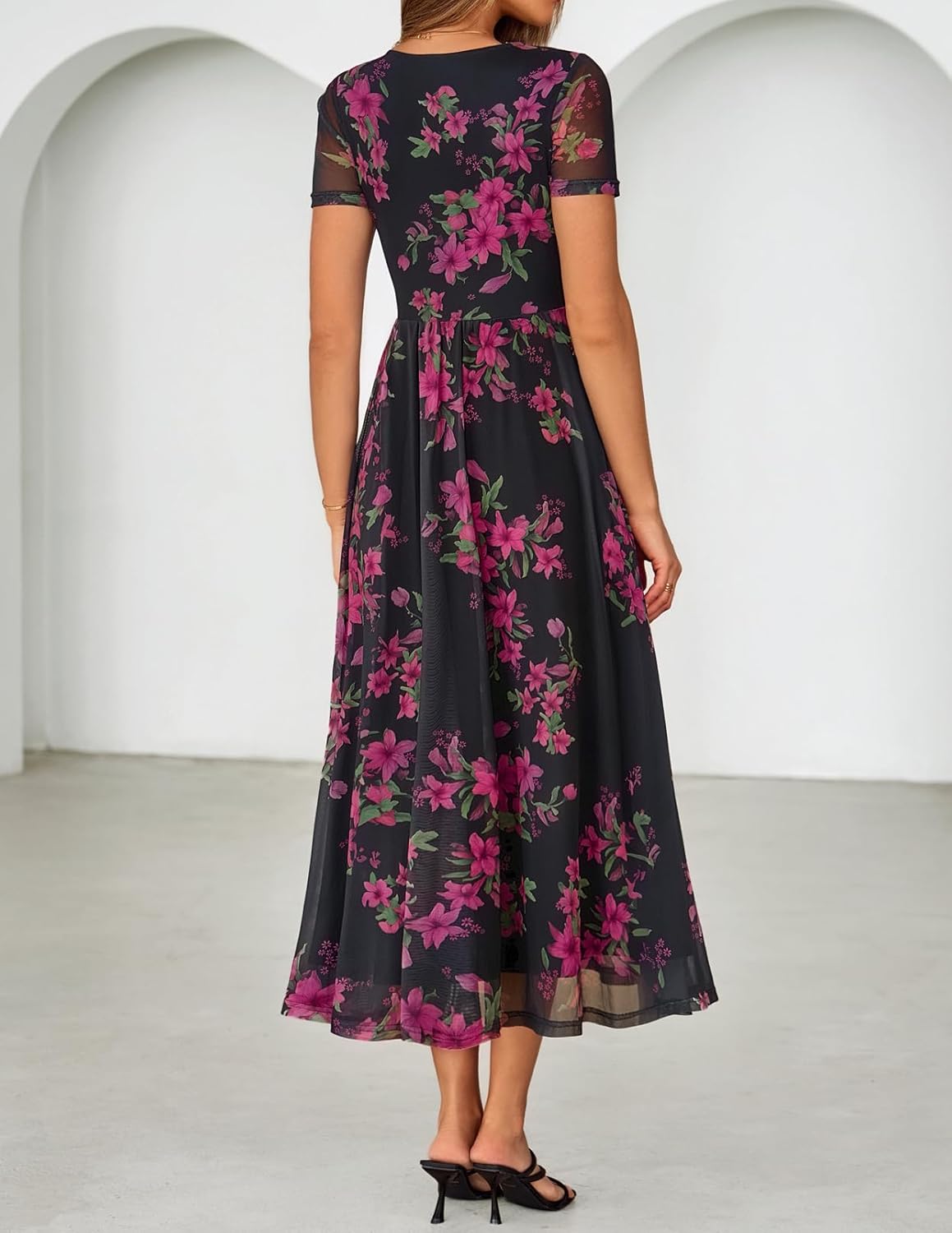 MEROKEETY Women' Summer Floral Maxi Dress 2026 Spring Mesh Short Sleeve Flowy Wedding Guest Beach Long Dresses - Image 4