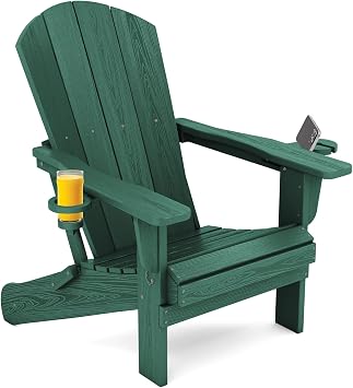 SERWALL Outdoor Adirondack Chairs with 2 Cup Holders,Foldable,Green | HDPE Composite,Waterproof,Wood Grain,Cup & Phone Holder,Suitable for Garden,Patio,Backyard