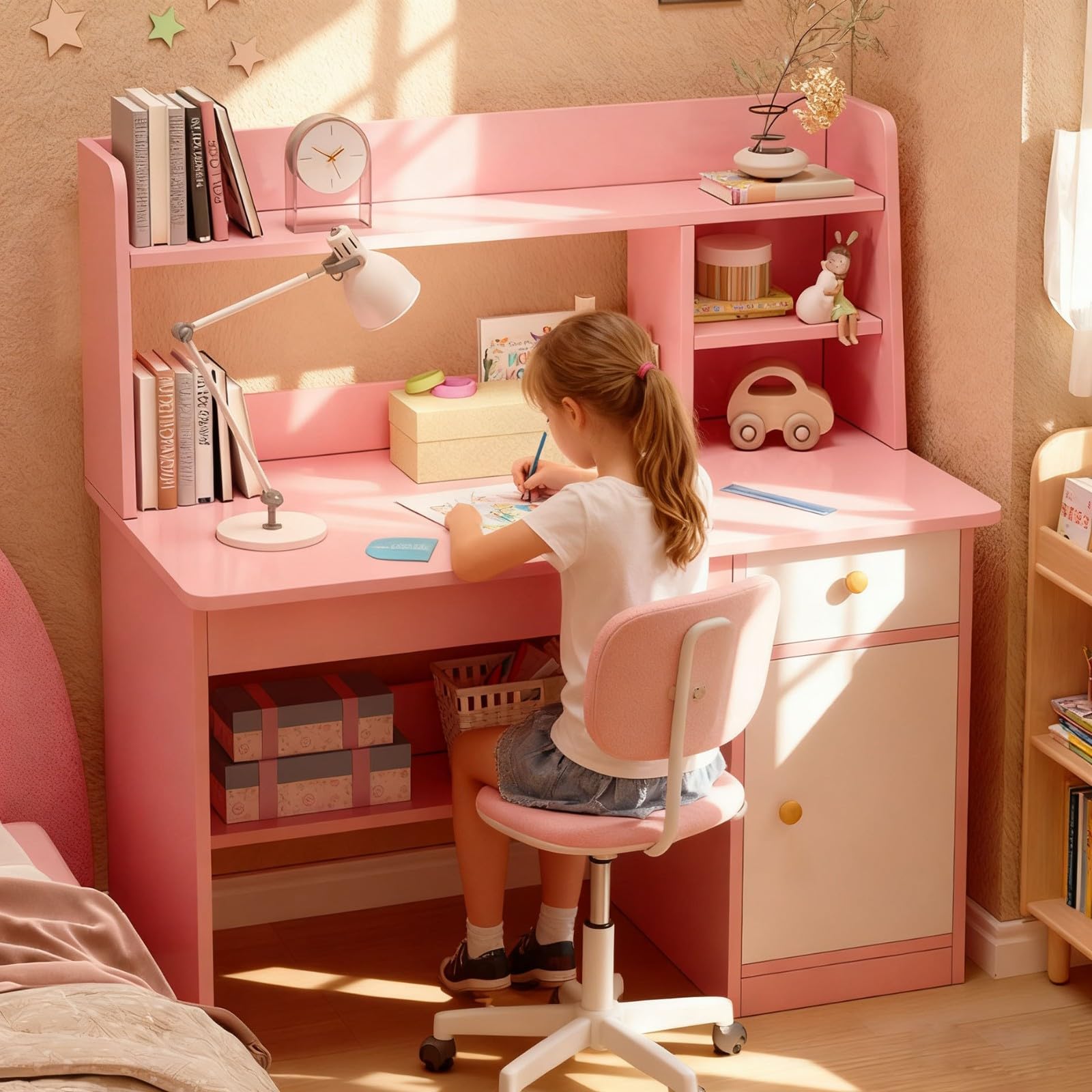 Scrivania per Bambini con Ripiani Armadietto Cassetto Tavolo Scrivania per Banco Scuola per Ragazzi In Legno Cameretta, Sala Studio A