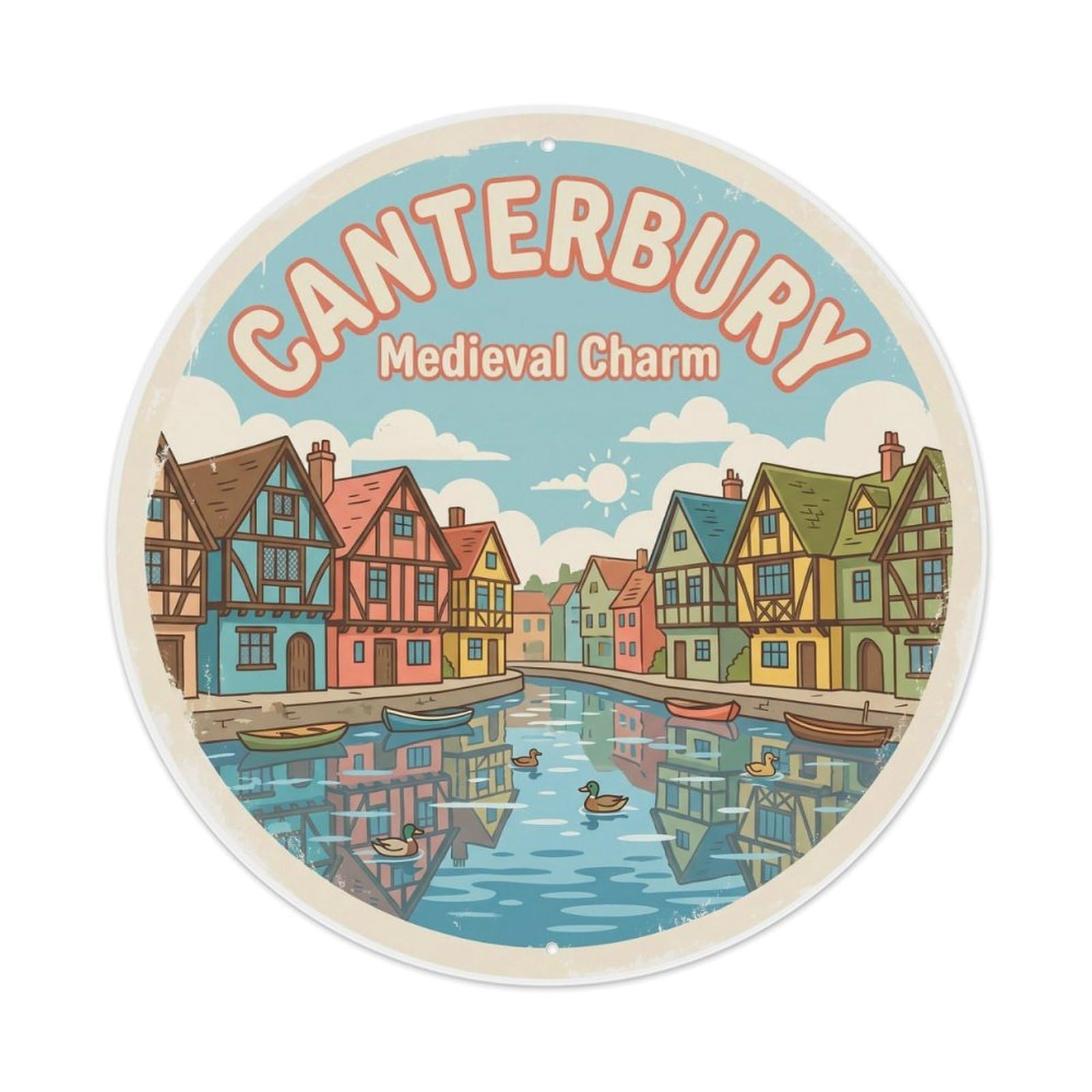 Vintage Travel Canterbury Town England Metal Tin Sign Plaque Wall Decor for Cafe, Club Bar, Office, Home Garden Round Metal Poster 8x8Inch