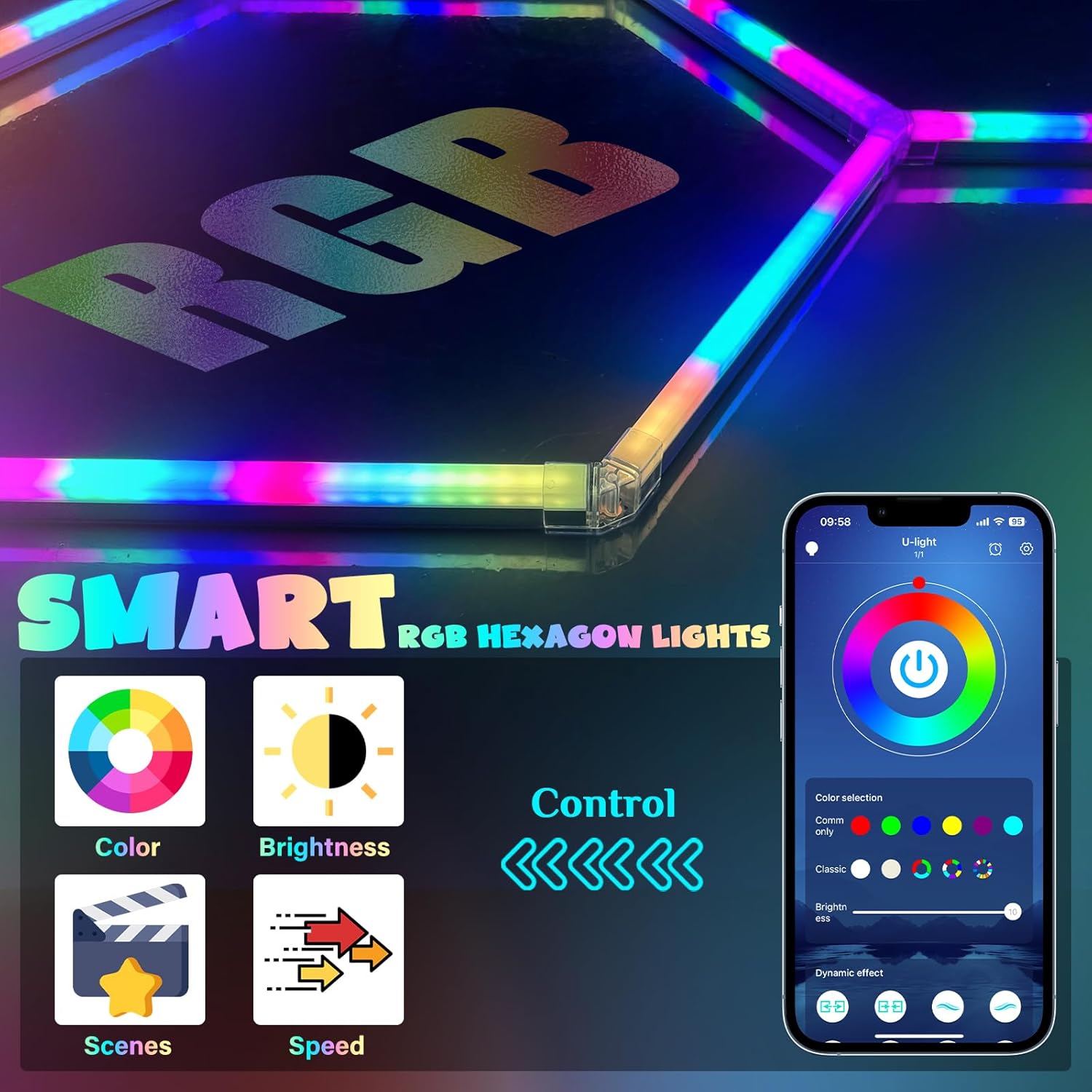 Hexagon RGB Garage Lights, Multicolor LED Lights with Music Sync, 358 Dynamic Effects, Dimmable & Speed Control for Gaming Rooms, Bars, Studios, Home Gyms
