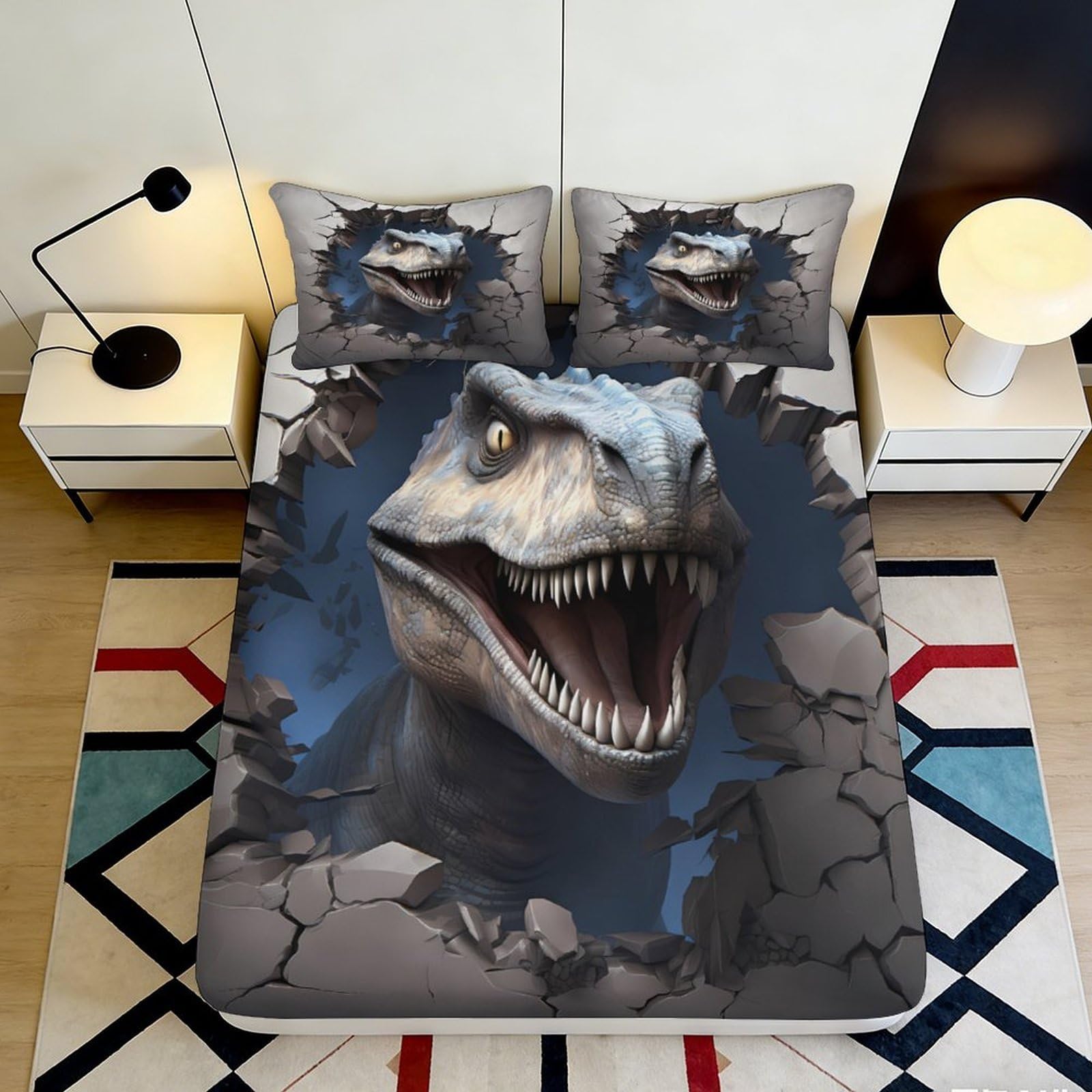 3D Printed Dinosaur Breakthrough Fitted Sheet Microfiber Soft Mattress Cover for Bedroom Dorm Room Bed Decor 116 90x200x25cm