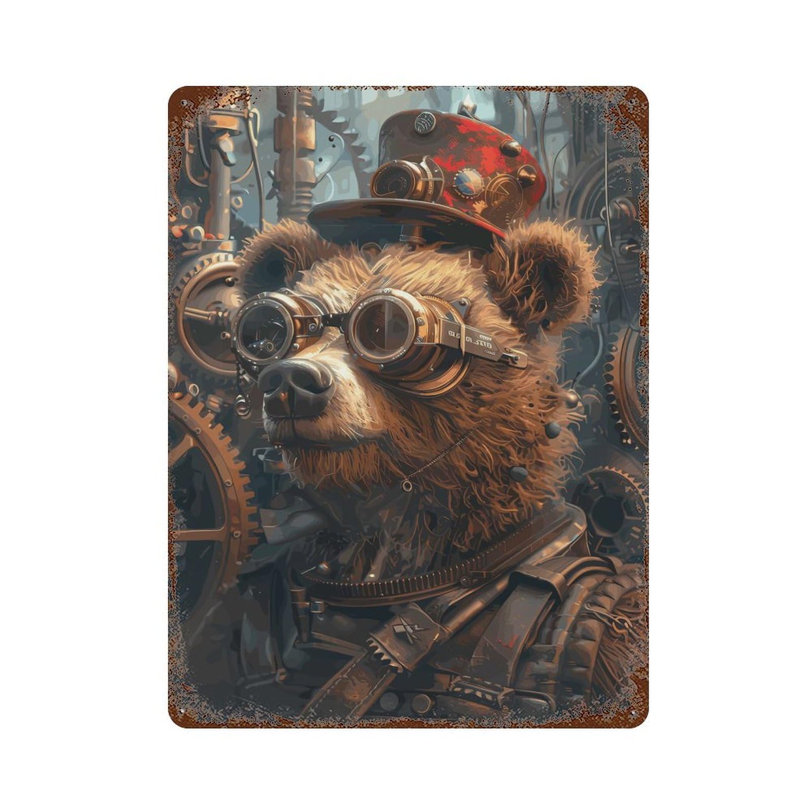 Steampunk Bear Animal Decorative Tin Sign 15.7"x11.8", for Bistro, Counter And Cafe Decor, Classic Wall Plaque
