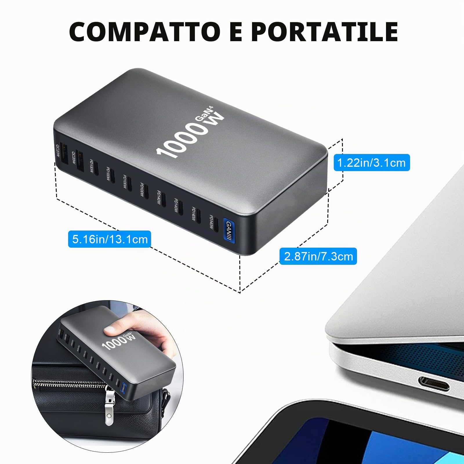 1000W Caricatore USB Multiplo - 10 Porte (8 USB-C + 2 USB-A) con Ricarica Rapida, Stazione di Ricarica Compatta per Multi Dispositivi, Compatibile con MacBook, iPad, iPhone 16/15/14, Galaxy S22/S20