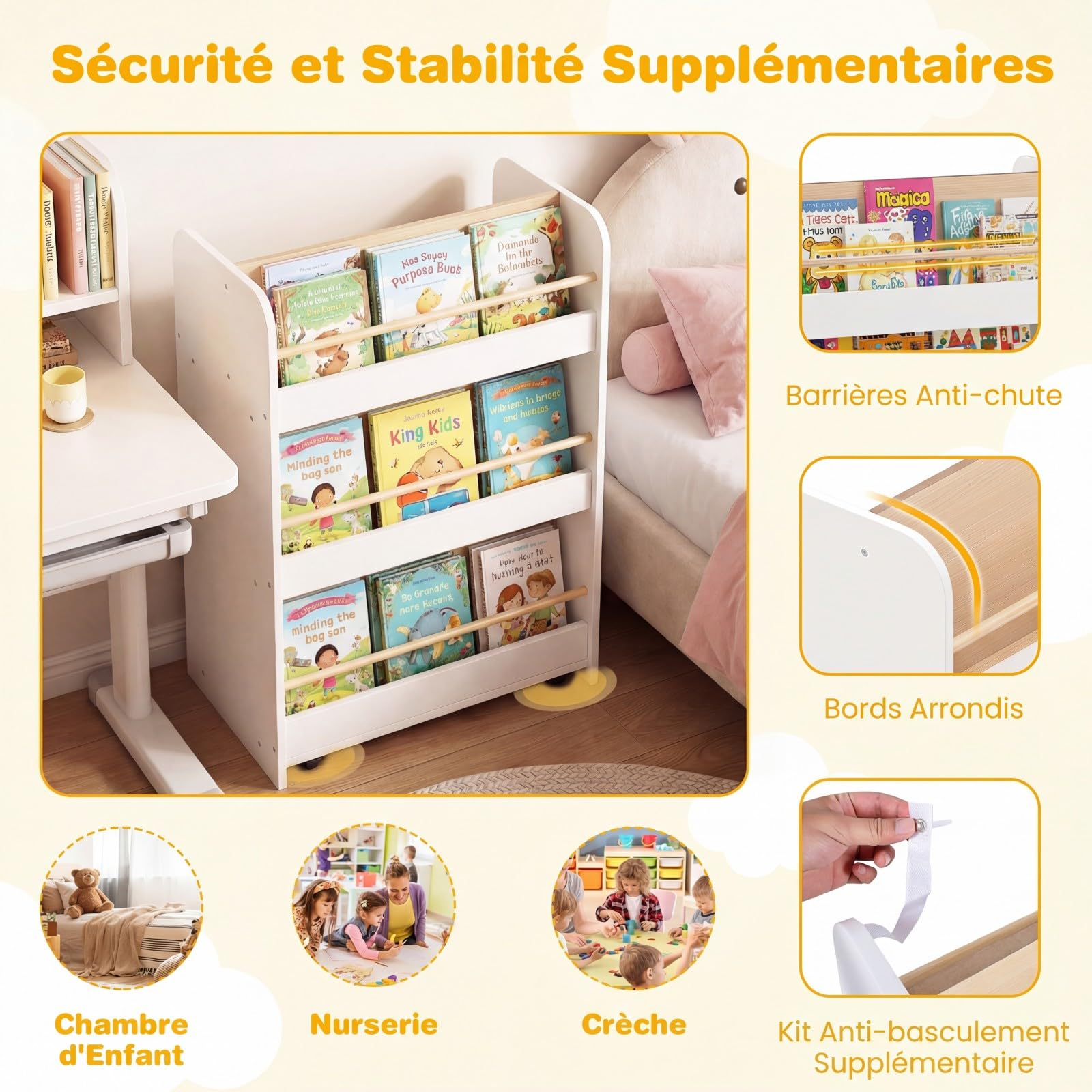 COSTWAY Bibliothèque Enfant Double Face avec 3 Étagères et 5 Casiers Ouvertes, Étagère à Livres Enfant avec 4 Roues, Kit Anti-basculement, Organiseur de Jouets pour Salle de Jeux Crèche