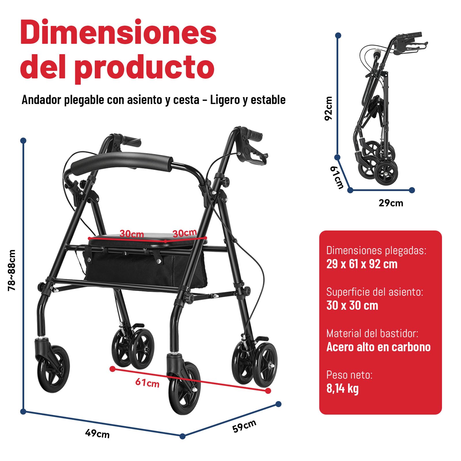 R5 andador ultraligero plegable(con asiento) para ancianos, estructura resistente de acero al carbono, ajuste de altura, sistema de freno/estacionamiento, apto para interiores y exteriores terrenos