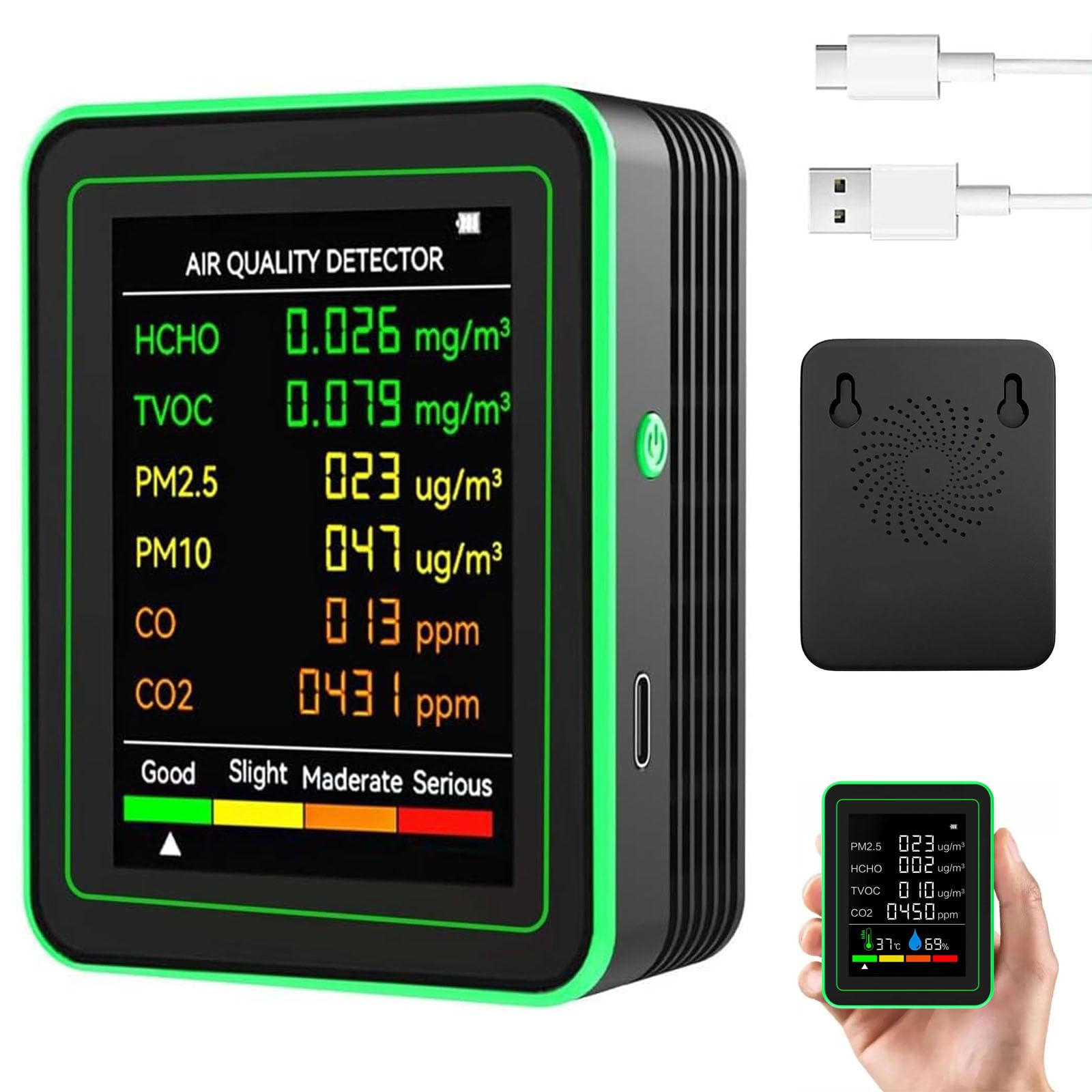 Euuekathy 6-In-1 Air Quality Monitor, Co2 Monitor Detector, Air Pollution Monitors, Portable Co2 Detector Sensor, With Led Display, Carbon Dioxide Detector With Hcho, Tvoc, Pm2.5, Temperature, Humidity