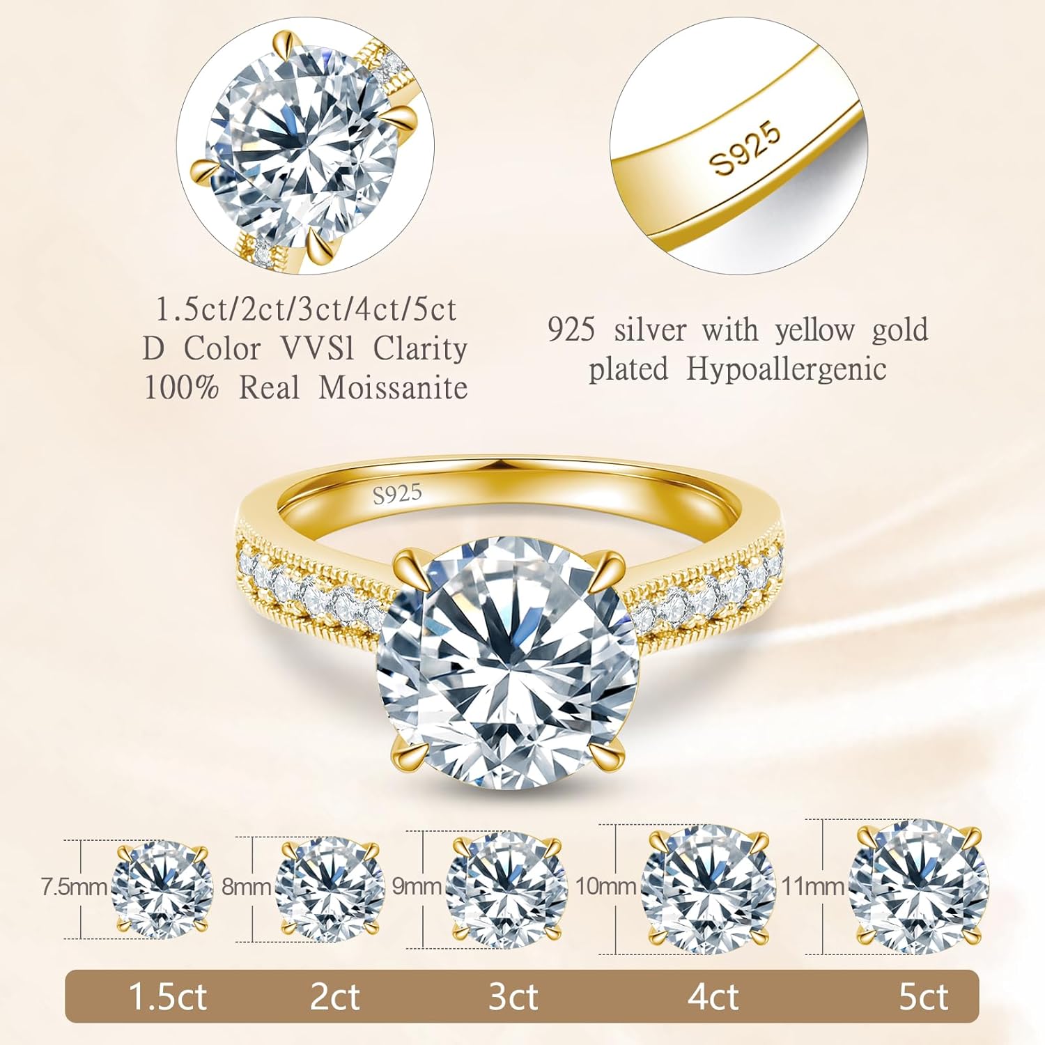 Round Moissanite Engagement Rings for Women, Women's 18K Yellow/White Gold Plated 925 Sterling Silver Engagement Ring Moissanite Promise Rings for Her,Wedding Band Ring 1.5/2/3/4/5CT. - Image 2