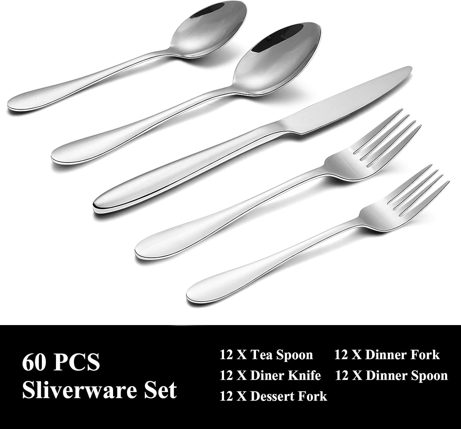 Umite Chef 60-Piece Silverware Flatware Cutlery Set, Durable Mirror Polished Stainless Steel Tableware Service for 12, Dishwasher Safe