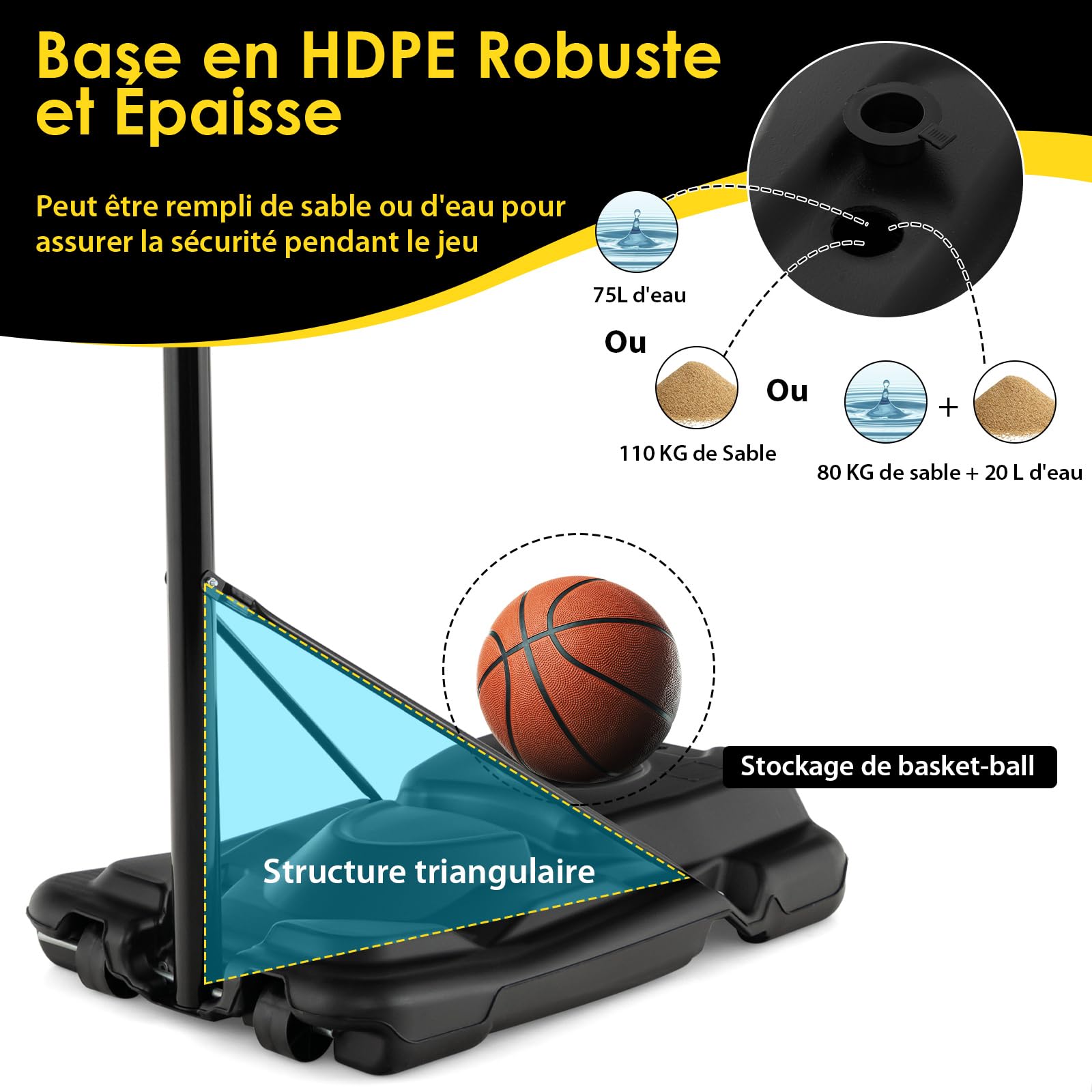 COSTWAY Panier de Basket-Ball sur Pieds Hauteur Réglable 130-305cm, Support de Basket Portable avec Roues et Base Rechargeable Résistant aux Intempéries, pour Intérieure & Extérieure