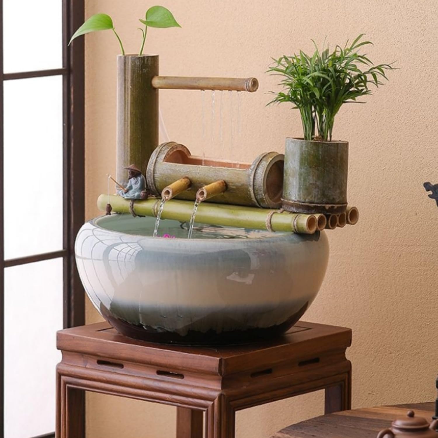Indoor Outdoor Bamboo Water Fountain, 28 Inch Tall, Electric Powered Fountain Japanese Garden Waterfall Nozzle Outdoor 100% Handmade，Natural Green