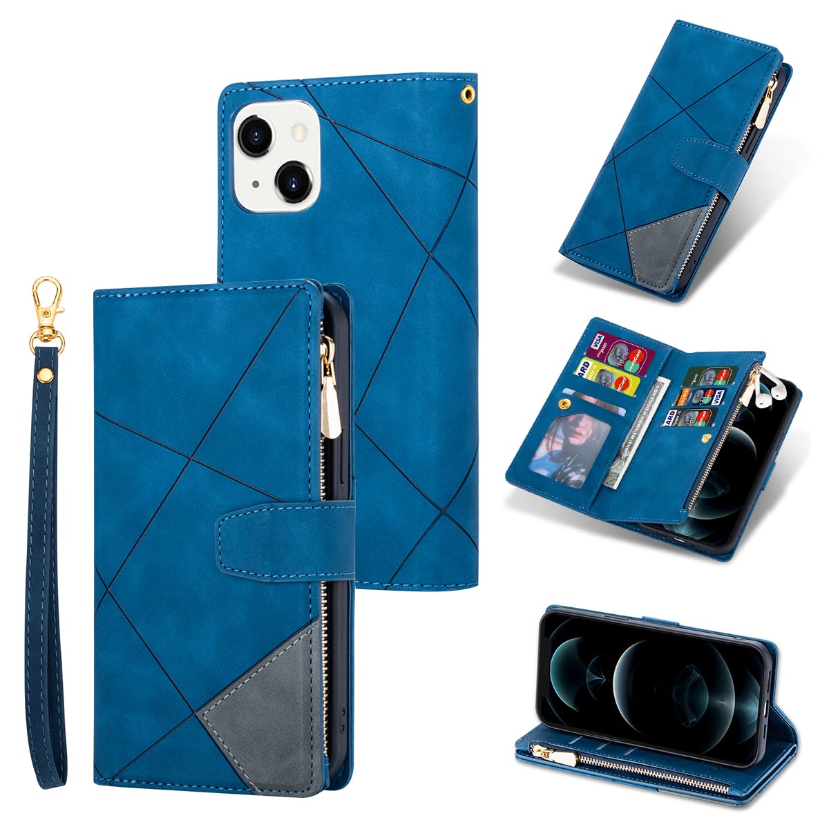 UEEBAI Estuche para iPhone 14 6.1 Inch, Cartera con Correa de Mano Cuero PU Funda Tapa Retro a Prueba de Golpes con 9 Ranuras para Tarjetas Función de Soporte Bolso Magnético - Diamante Azul
