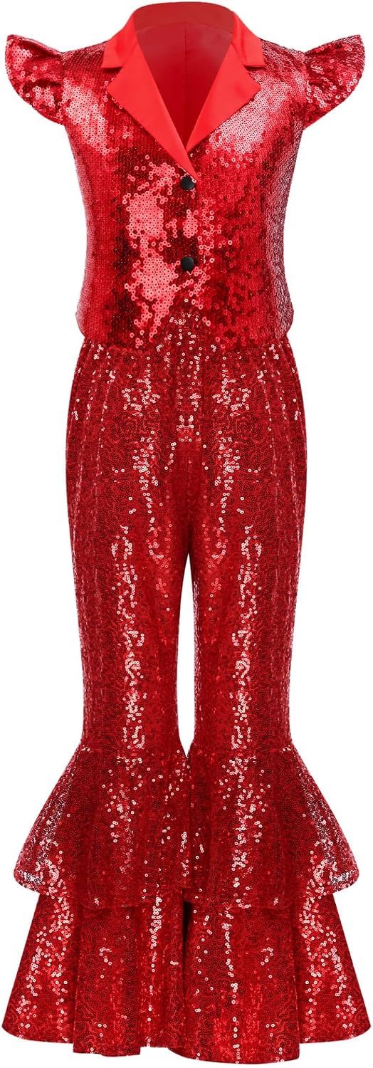 Sywiyi 2pcs Girls Dance Outfits Cropped Sequin Top Pants Set Kids Hip Hop Dance Costumes for Dress Up Party Z Red 10 Years