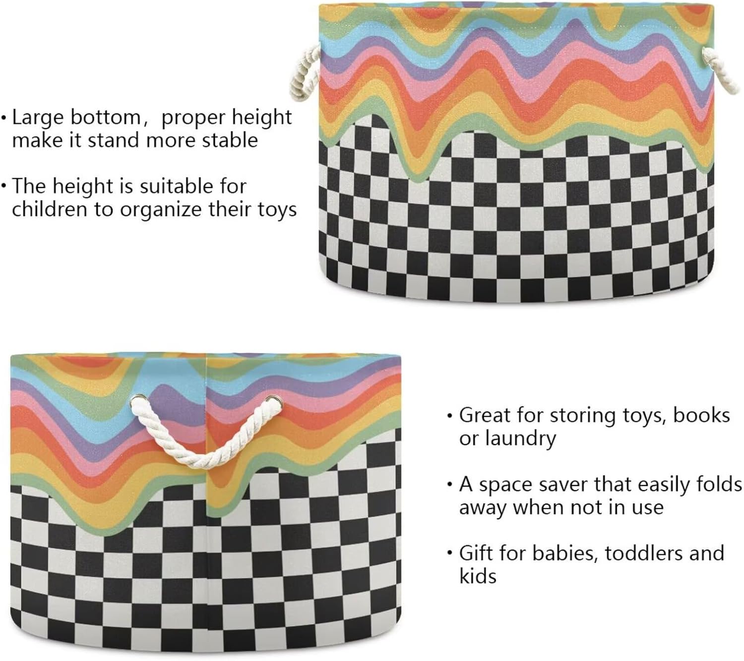 Rainbow Black White Plaid Print Round Storage Basket Checkered Large Laundry Hamper 20 x 20 x 14 Inches Organizer Bin with Cotton Rope Handles Clothes Storage Bag for Nursery Bedroom Living Room Decor