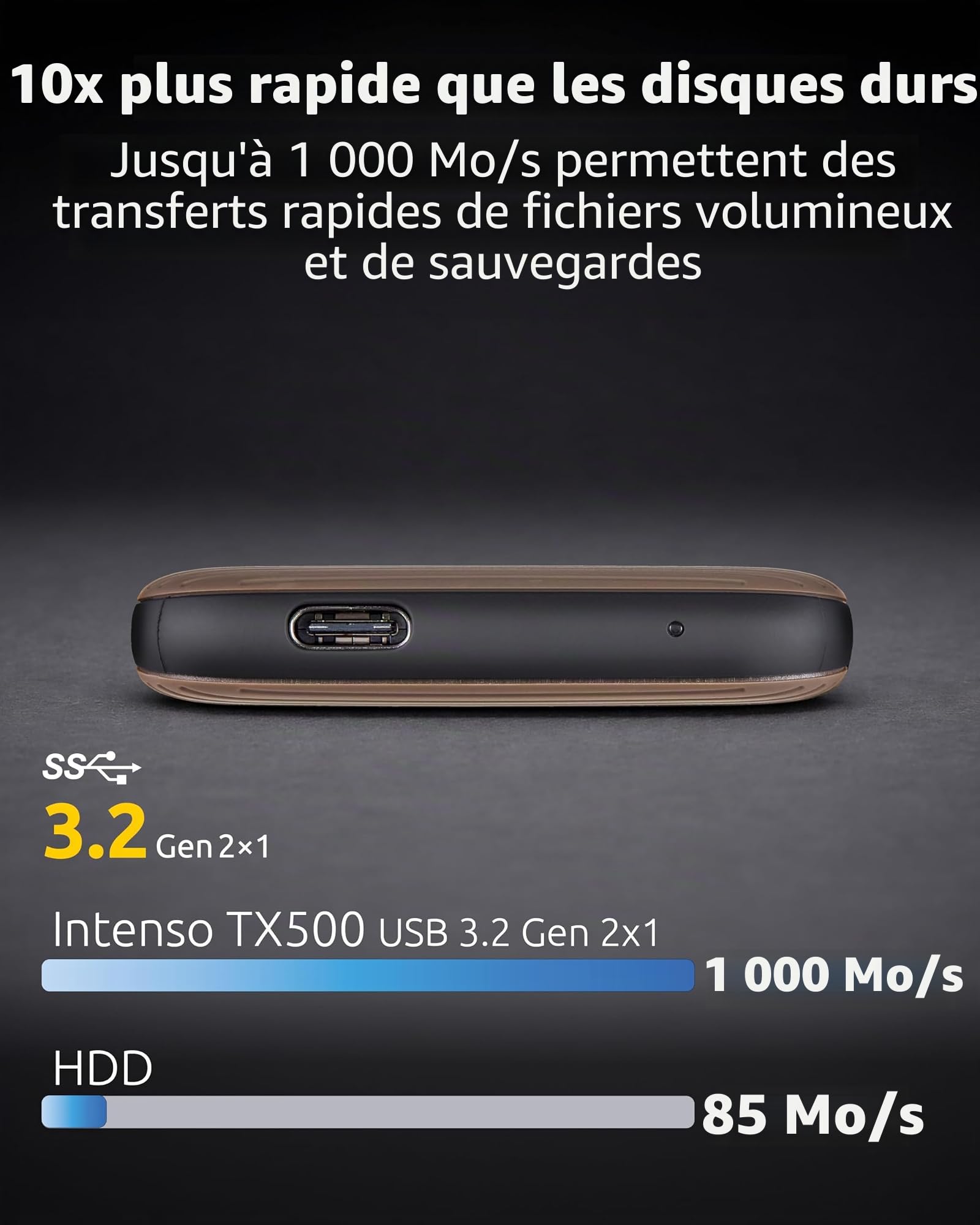 Intenso Disque dur externe SSD TX500, 500 Go Portable Solid State Drive, Super Speed USB 3.2 Gen 2x1 (10 Gbit/s), jusqu'à 1000 Mo/s