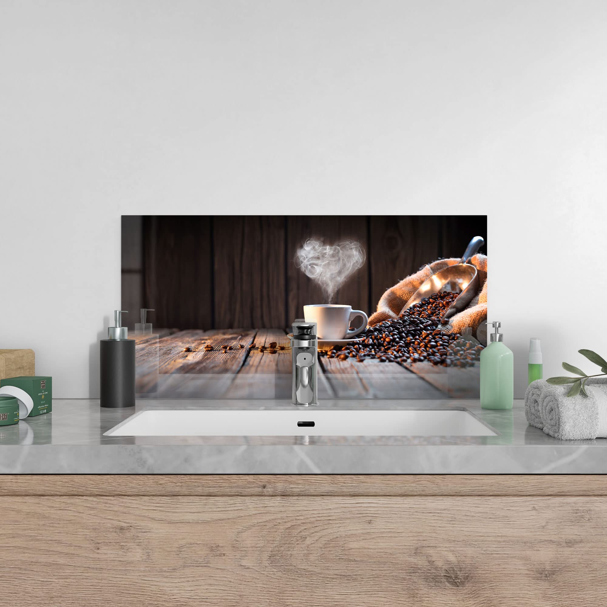 DEQORI Keukenachterwand van glas, motief koffiekopjes duet, 80 x 60 cm, badkamer- of fornuisachterwand, spatbescherming voor keuken en badkamer, moderne decoratie voor tegelspiegels
