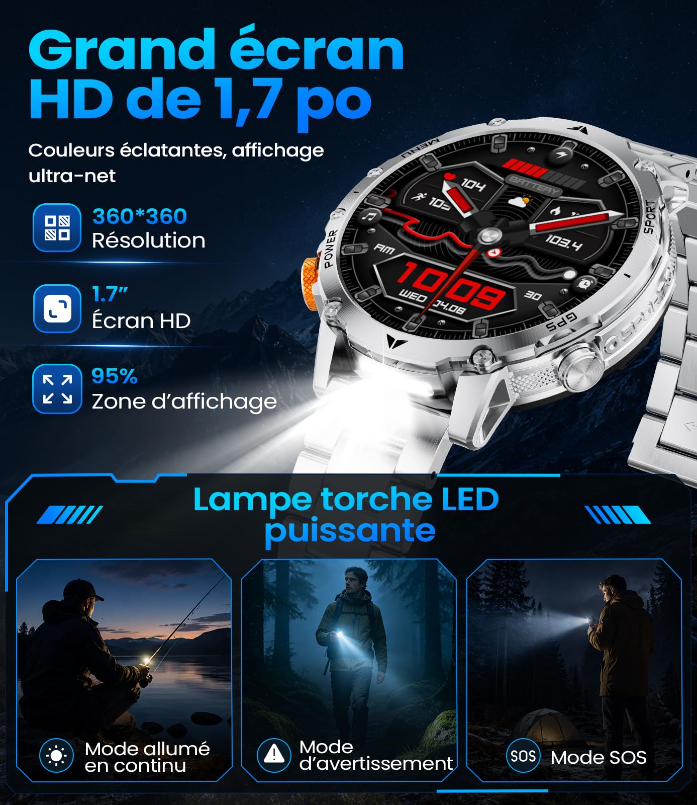 SUNKTA GPS 1400mAh Montre Connectée Homme, Altimètre, Boussole, Appels Bluetooth, Écran HD 1,7", Lampe LED, 120+ Modes Sportifs, Smartwatch Homme Sport, Fréquence Cardiaque, SpO2, Android/iOS,Argent