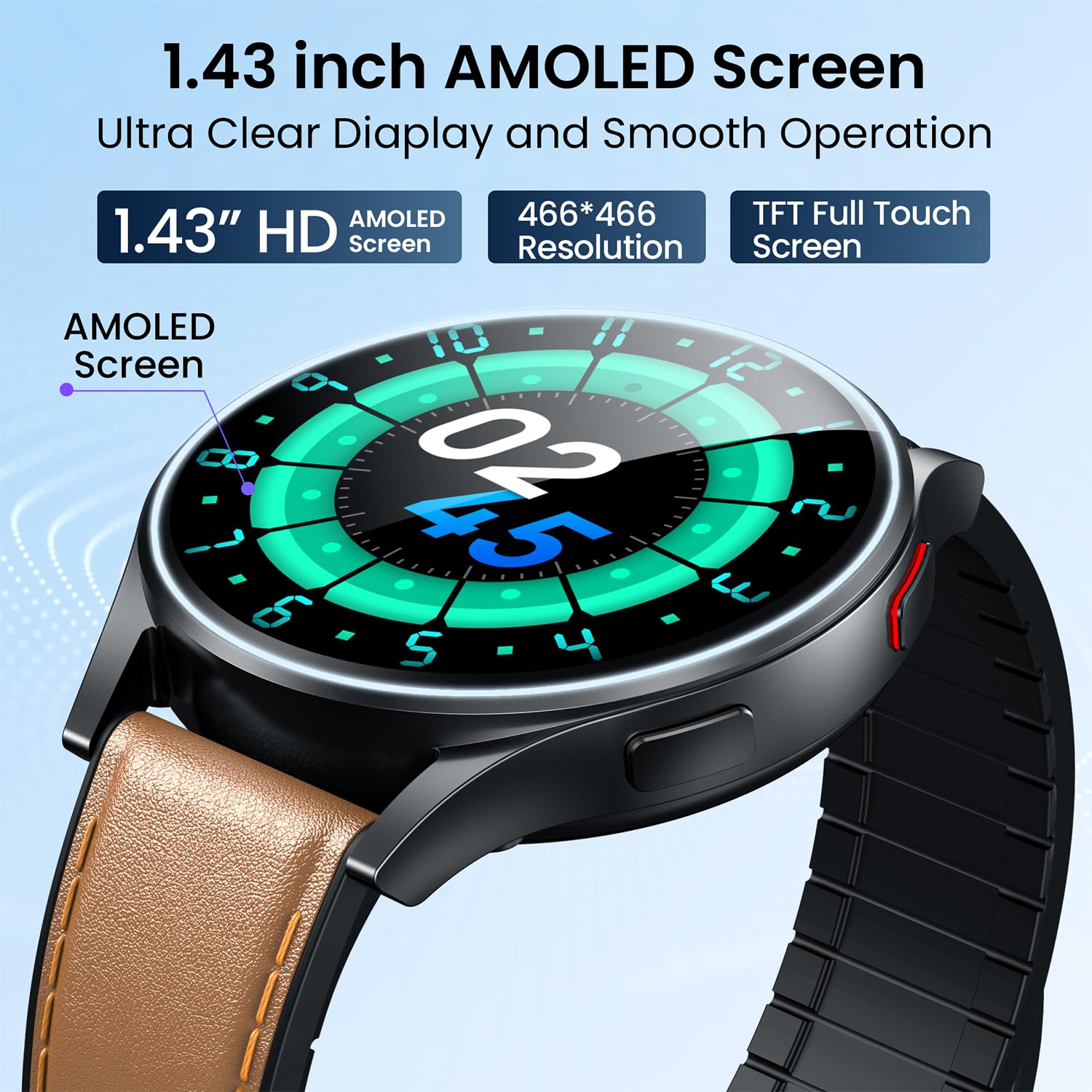 Smartwatch Herren mit EKG 𝐇𝐑𝐕 Blutdruck: Smart Watch Uhr 1,43" Rund AMOLED Schwarz Lederarmband ECG Armbanduhr Wasserdicht Herzfrequenz Schlafen Schrittzähler Telefonfunktion Fitnessuhr Android iOS