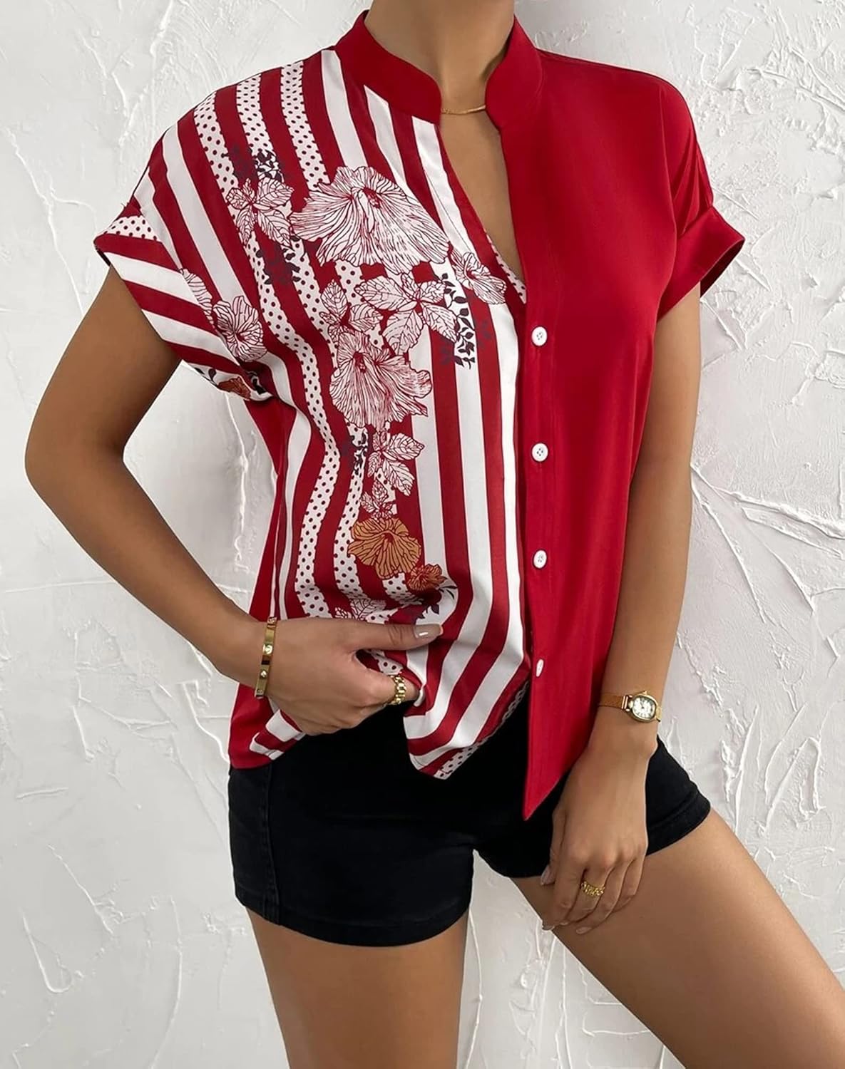 Pantete Womens Patchwork Button Down Shirt V Neck Short Sleeve Striped Blouse Tops - Image 4